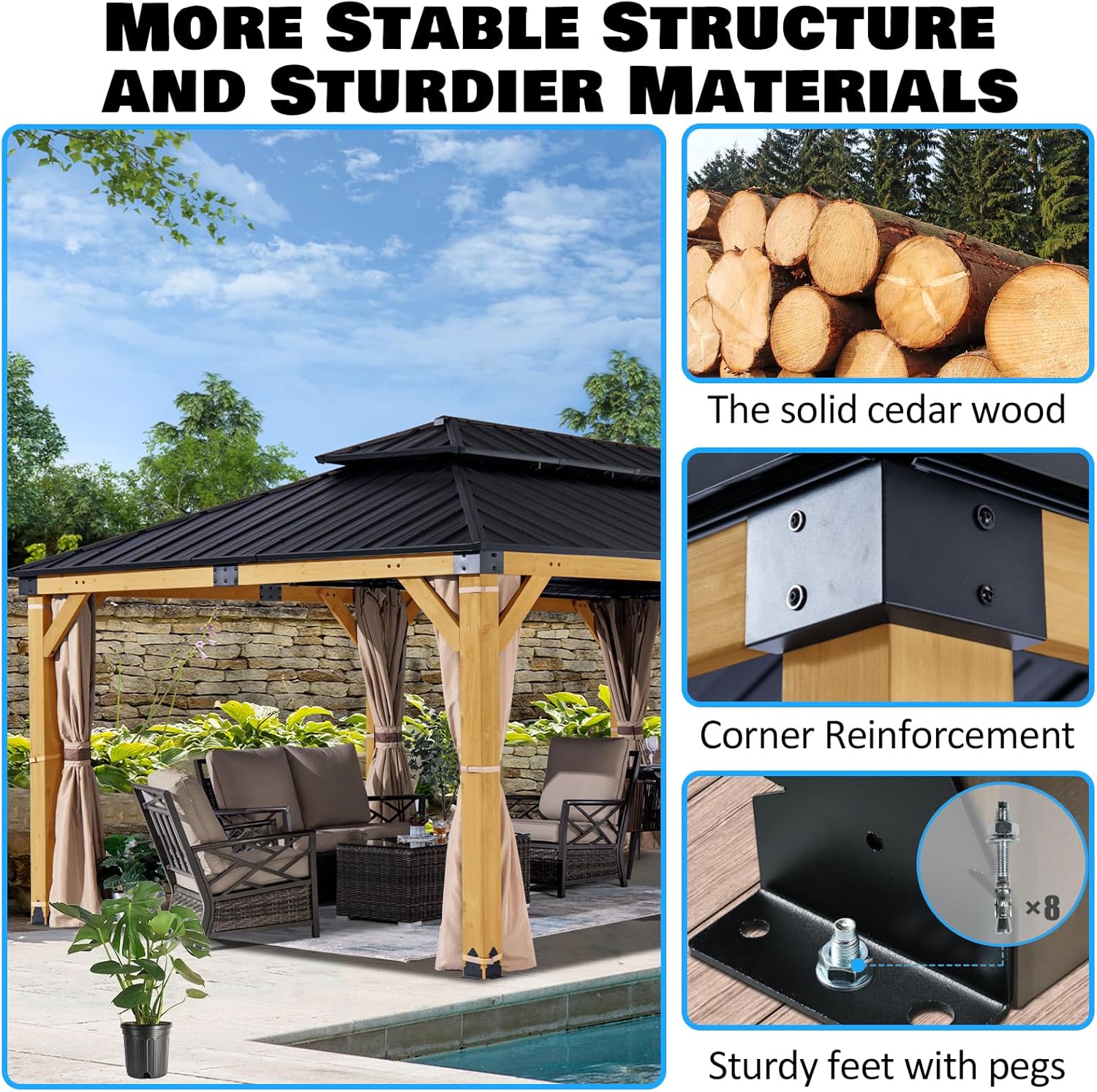 12 x 20 FT Heavy Duty Cedar Wooden Gazebo,Double Layer Hardtop Wood Gazebos Whit Mosquito Netting and Waterproof Curtains,Outdoor Metal Canopy for Backyard Deck Patio