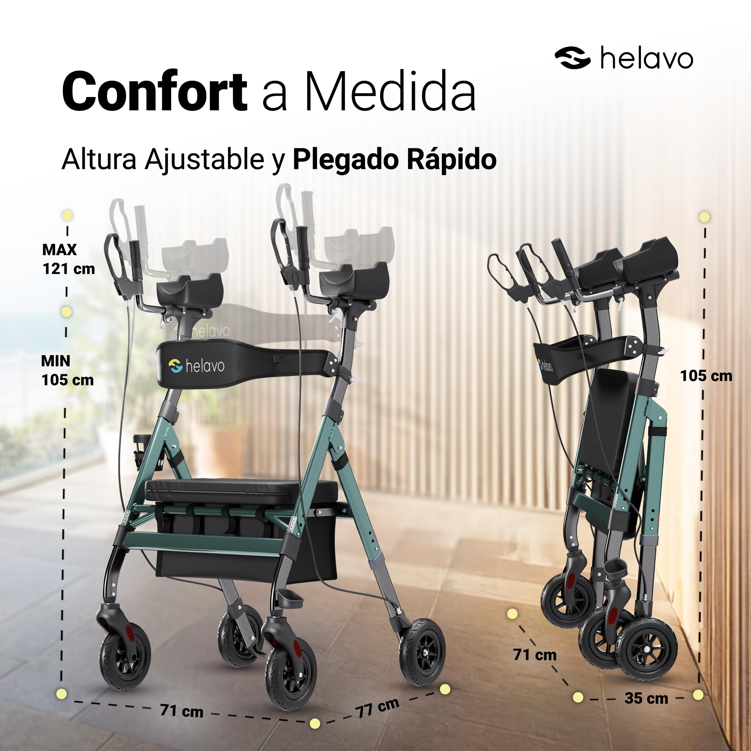 Andador antibraquial bariátrico Helavo con ruedas 8 pulgadas, antipinchazos, asiento ancho plegable, rodillo extra grande y apoyo antebrazos, carga 226