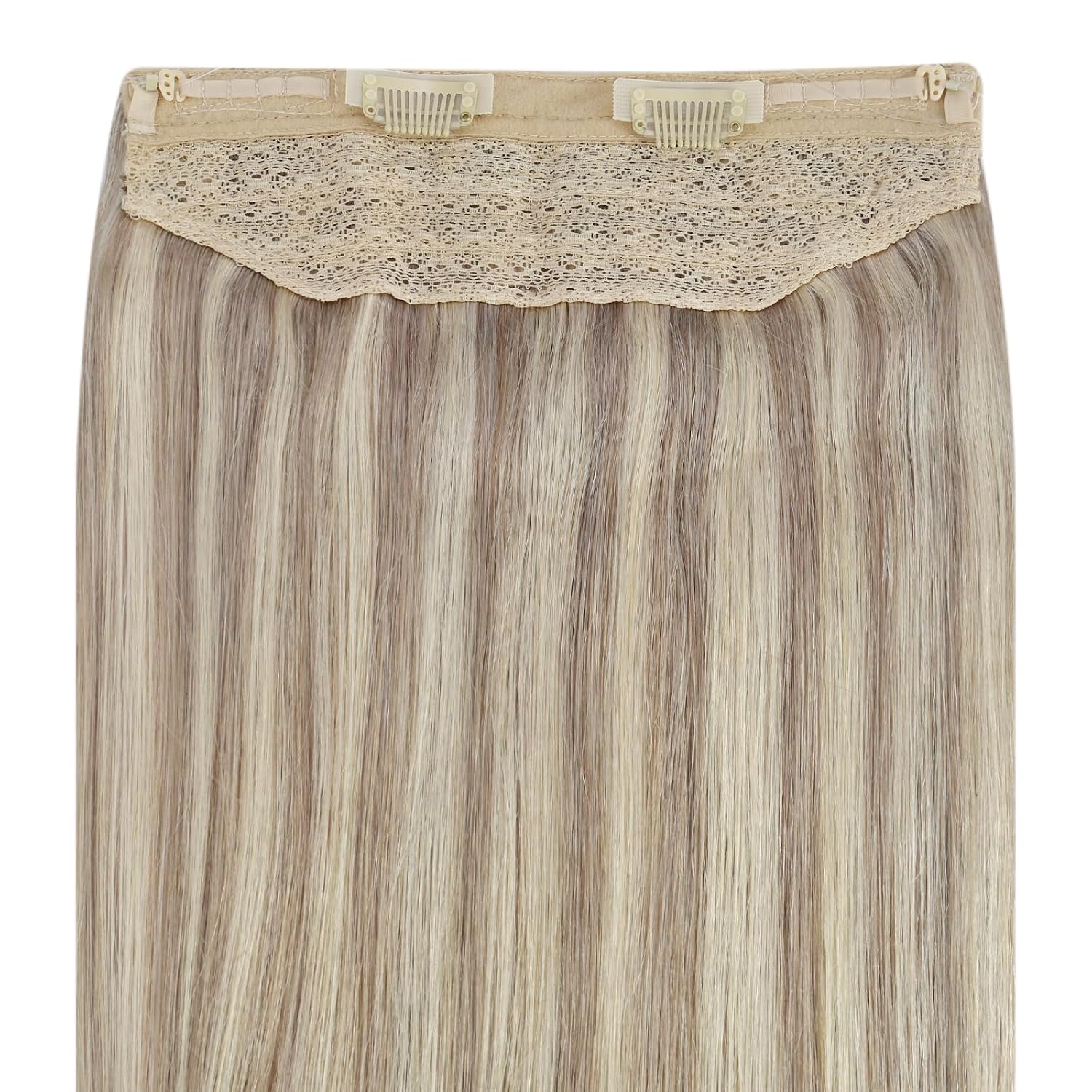 Fshine Wire Hair Extensions 14 Inch Blonde Highlighted Bleach Blonde Invisible Layered Hairpiece Real Human Hair with Adjustable Fish Line Straight Hair for Women 76 G