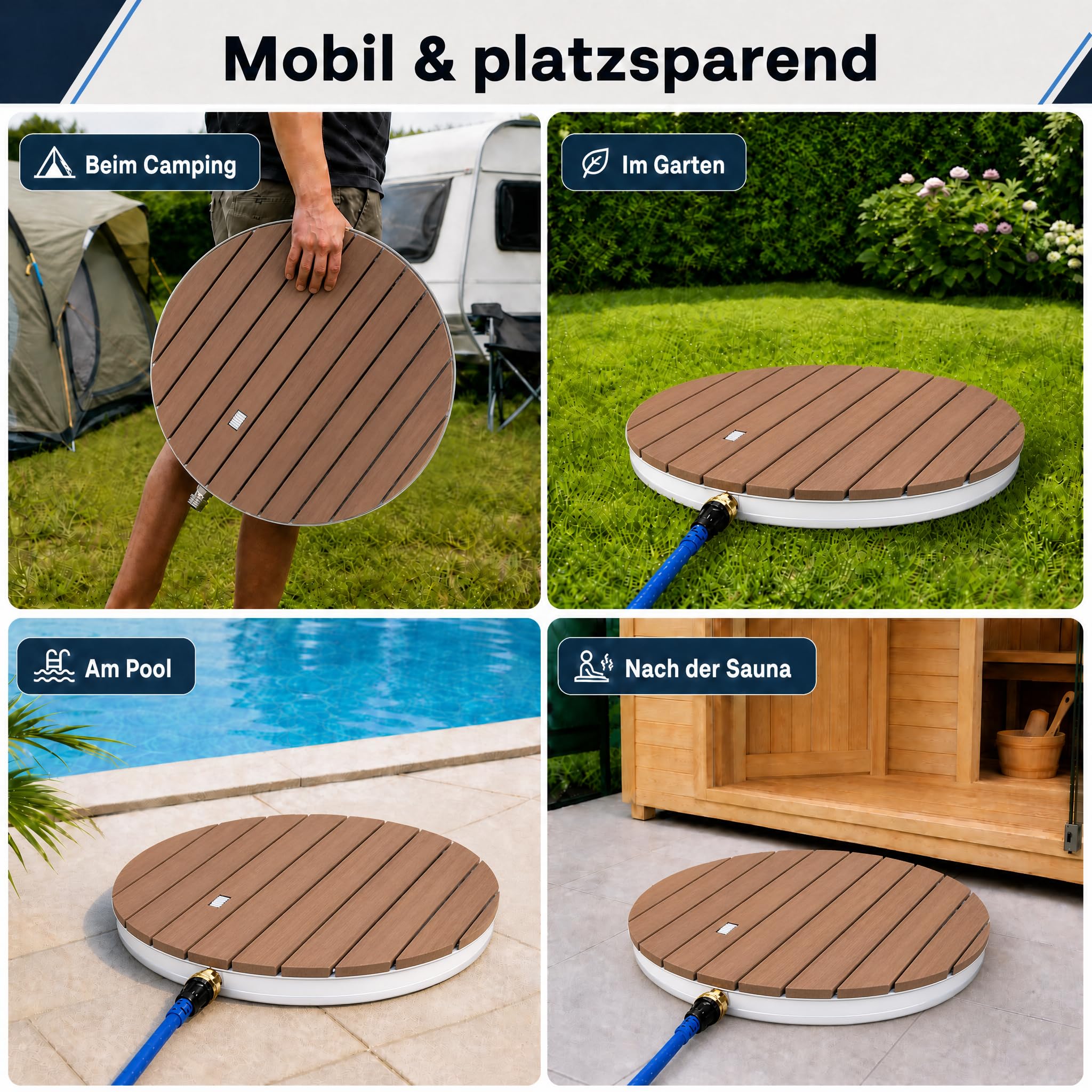 @tec Gartendusche, Ø 70 cm, Höhe: 7,5 cm, Bodendusche für Garten, Pool & Camping, WPC-Bodenplatte mit 18 Fontänen, Fußventil mit Stellrad, 3/4-Zoll Schlauchanschluss, mobil