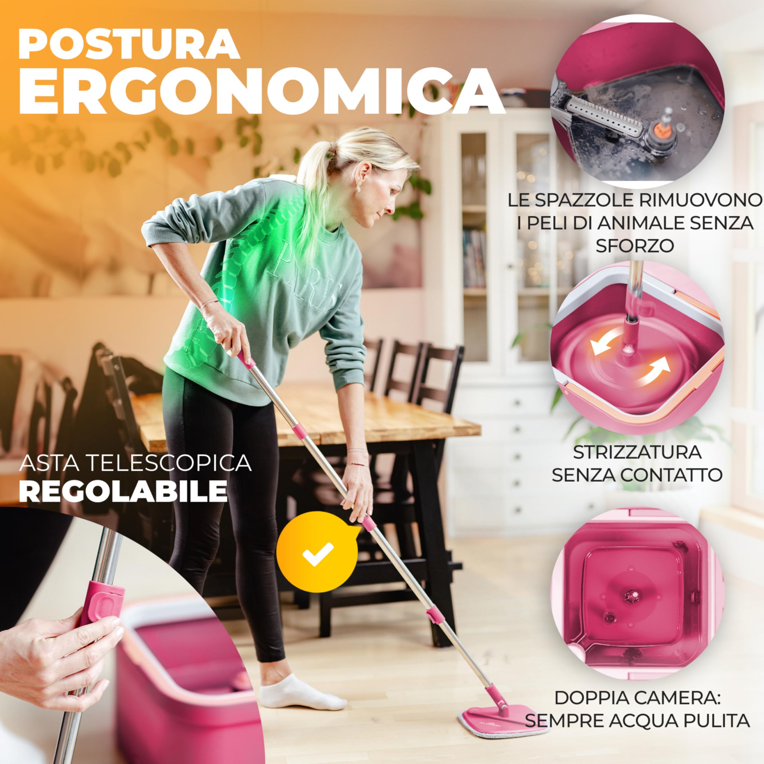 ALANBERG Mocio Lavapavimenti, Secchio Lavapavimenti, 2 Vasche, Rosa | Secchio Lavapavimenti Doppia Vasca, Panni In Microfibra, Manico Telescopico, Acqua Pulita E Sporca