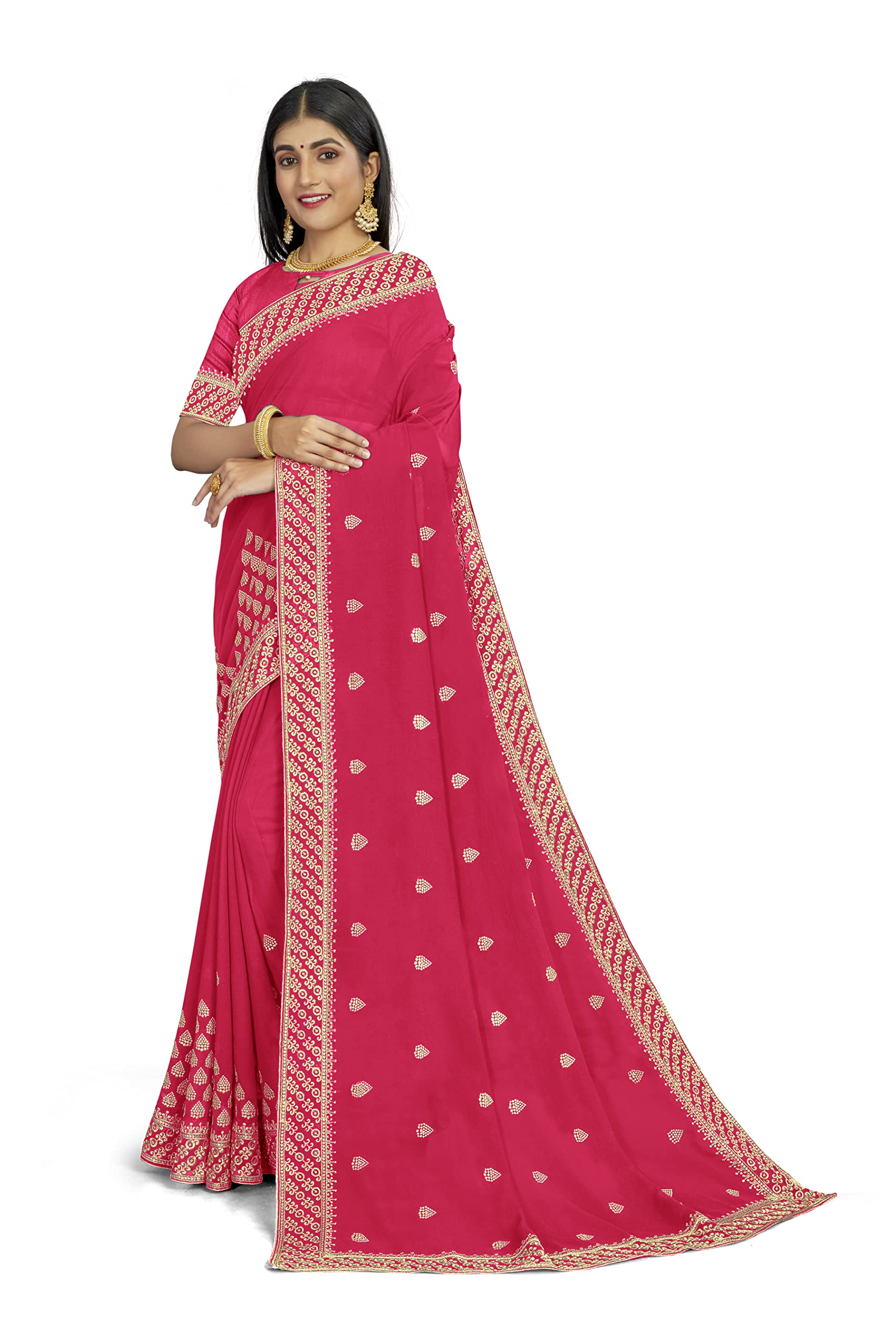 NILKANTH CREATIONWomen's Embroidery Georgette Saree, Pink, Extra Large