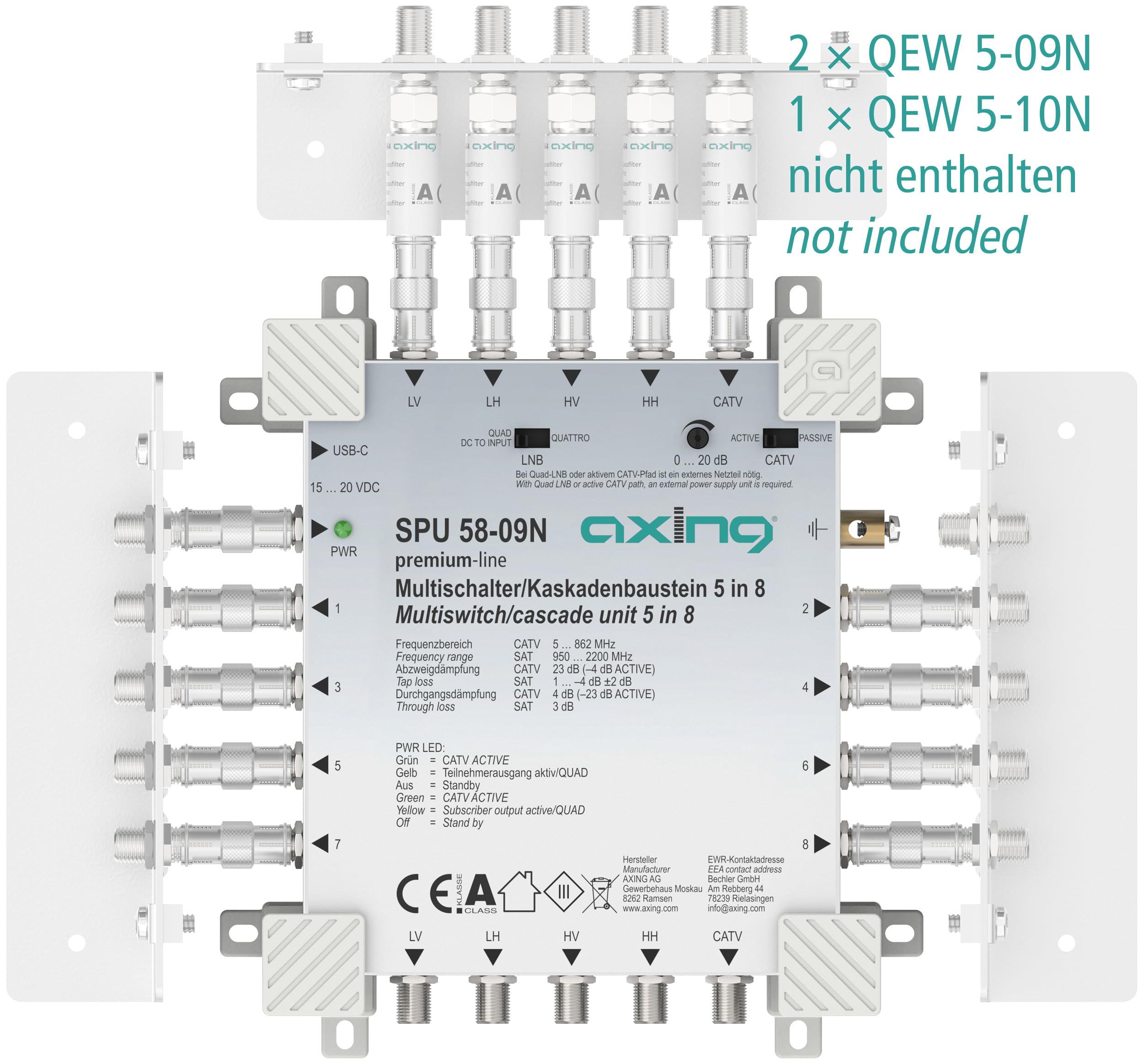 Axing SPU 58-09N Multiswitch 8 partecipanti a cascata SAT attivo Quad-LNB, cavo TV a risparmio energetico