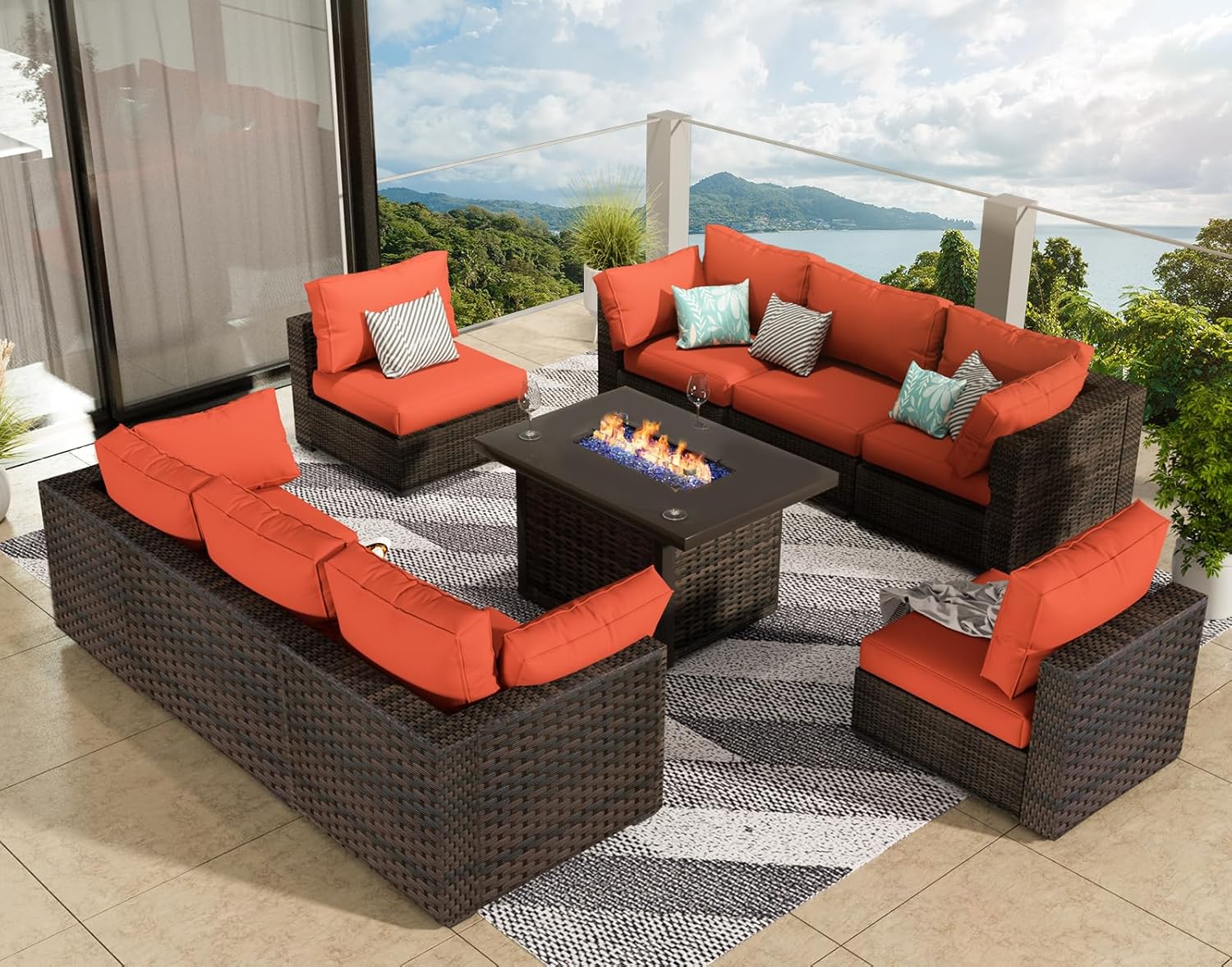 Grezone 9 Pieces Patio Furniture Set with 44" Fire Pit Table, Outdoor Sectional Sofa PE Rattan Conversation Sets with Coffee Table for Garden Lawn Balcony Red