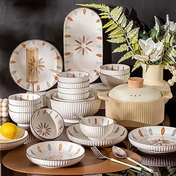 Simple Ceramic Dinnerware Set, High-Temperature Glazed Colorful Plates, Bowls, and Serving Dishes, Complete Set for Home Dining, Microwave & Dishwasher Safe, Elegant Tableware