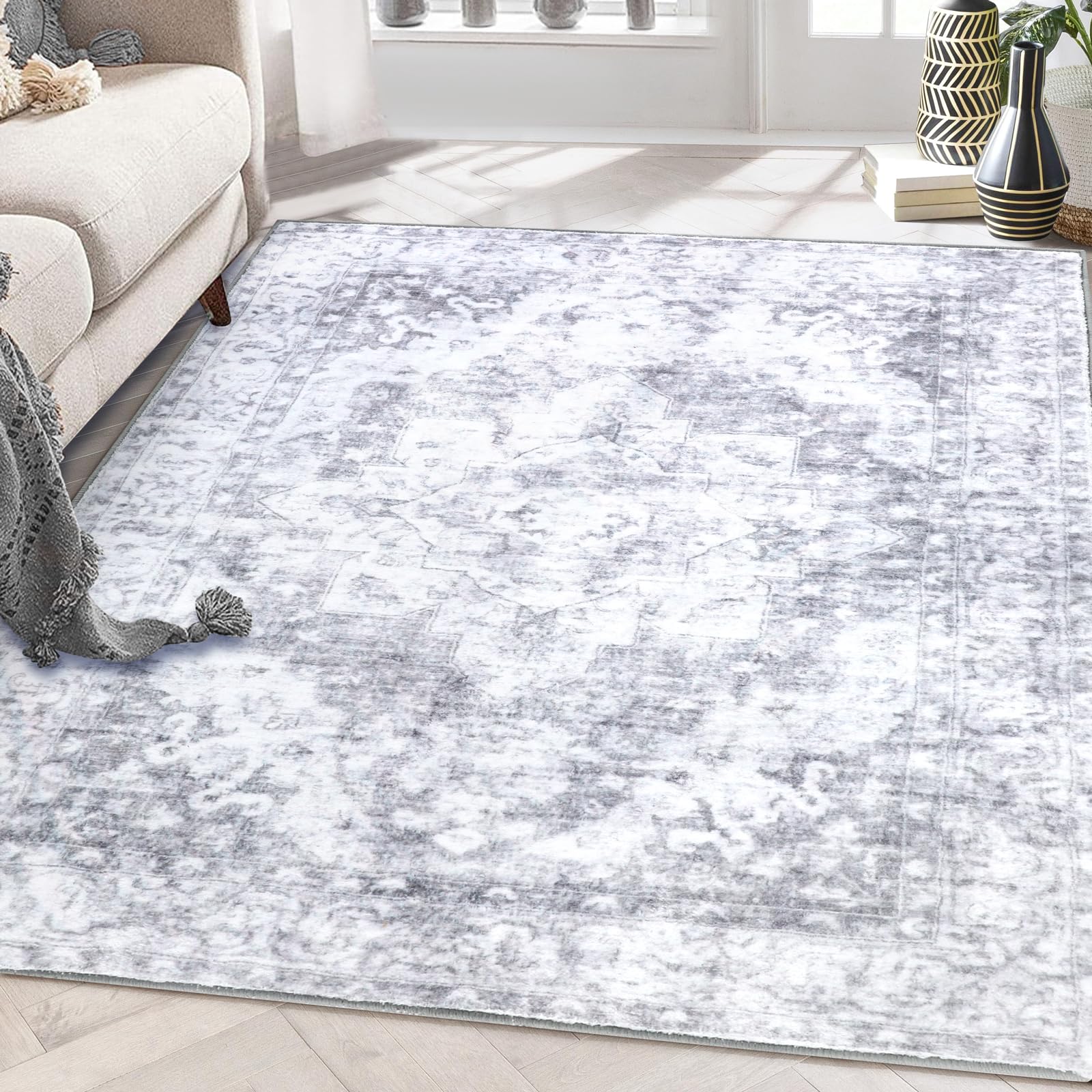 COMSLE 4x6 Rugs for Living Room Washable Area Rugs for Bedroom Faux Wool Distressed Throw Rugs Absorbent Non-Slip Floor Carpet for Indoor Kitchen