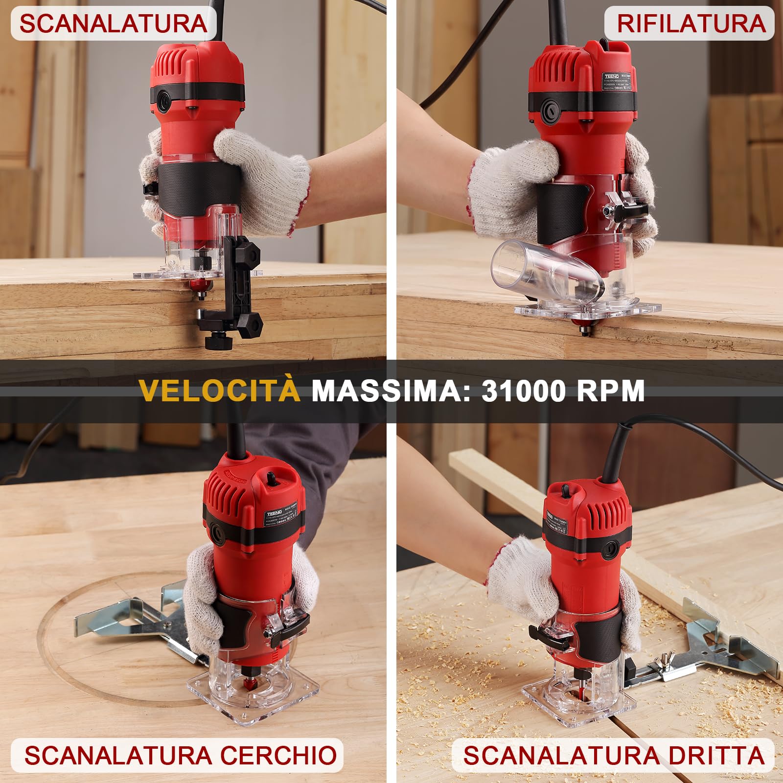 TEENO Rifilatore Fresatrice Verticale 800W 31000 RPM Con Copertura Antipolvere, Legno Rifilatrice Elettrica Con 15 pezzi 1/4" Fresatura Cuter e Mandrino 6/6.35 mm, Per lavorazione del legno