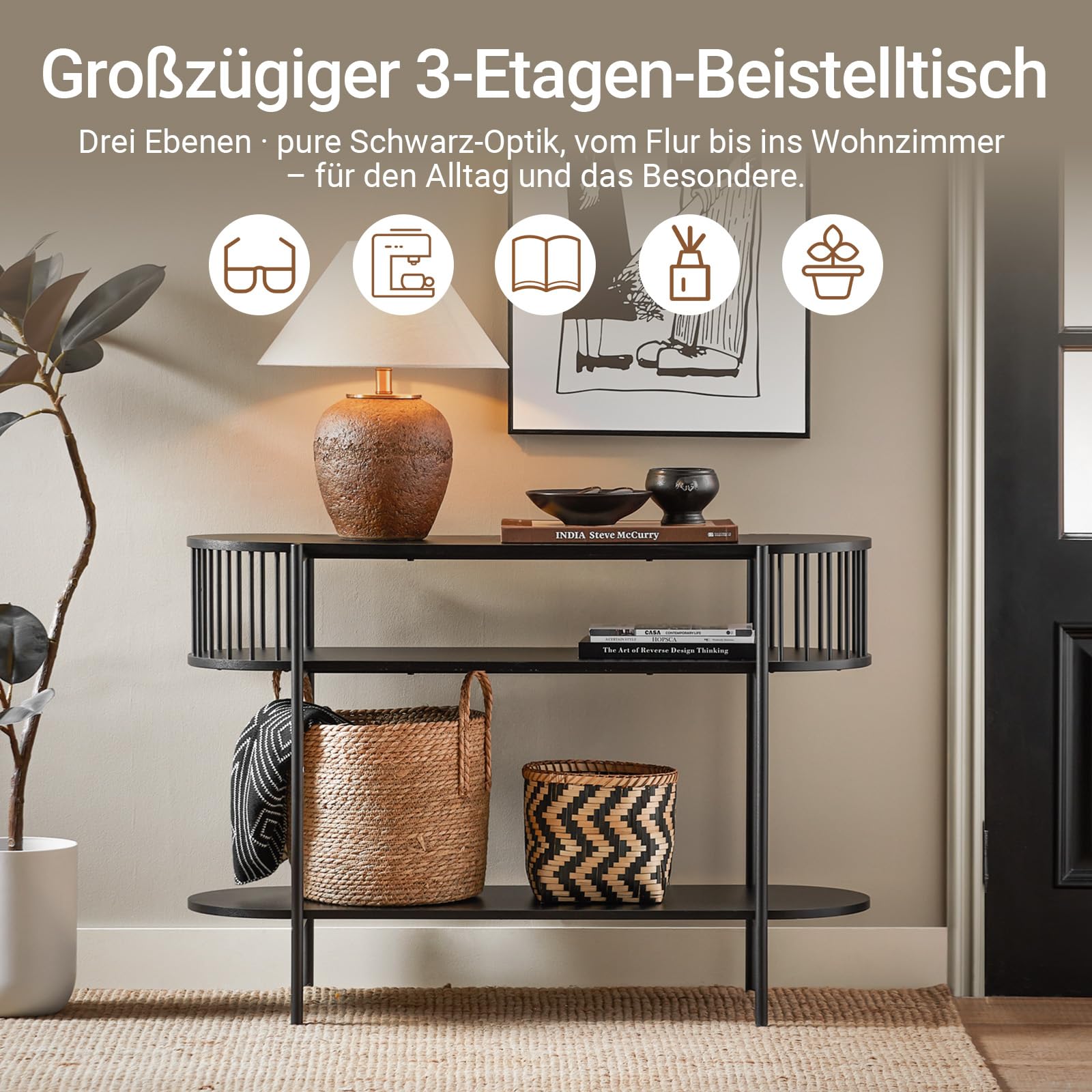 SoBuy Konsolentisch Metall mit 3 Ablagen, Konsole Holz im Modernen Schwarz für Flur, Wohnzimmer oder Esszimmer, Großer Stauraum für Familien, L110 x T39 x H76 cm, FSB90-SCH