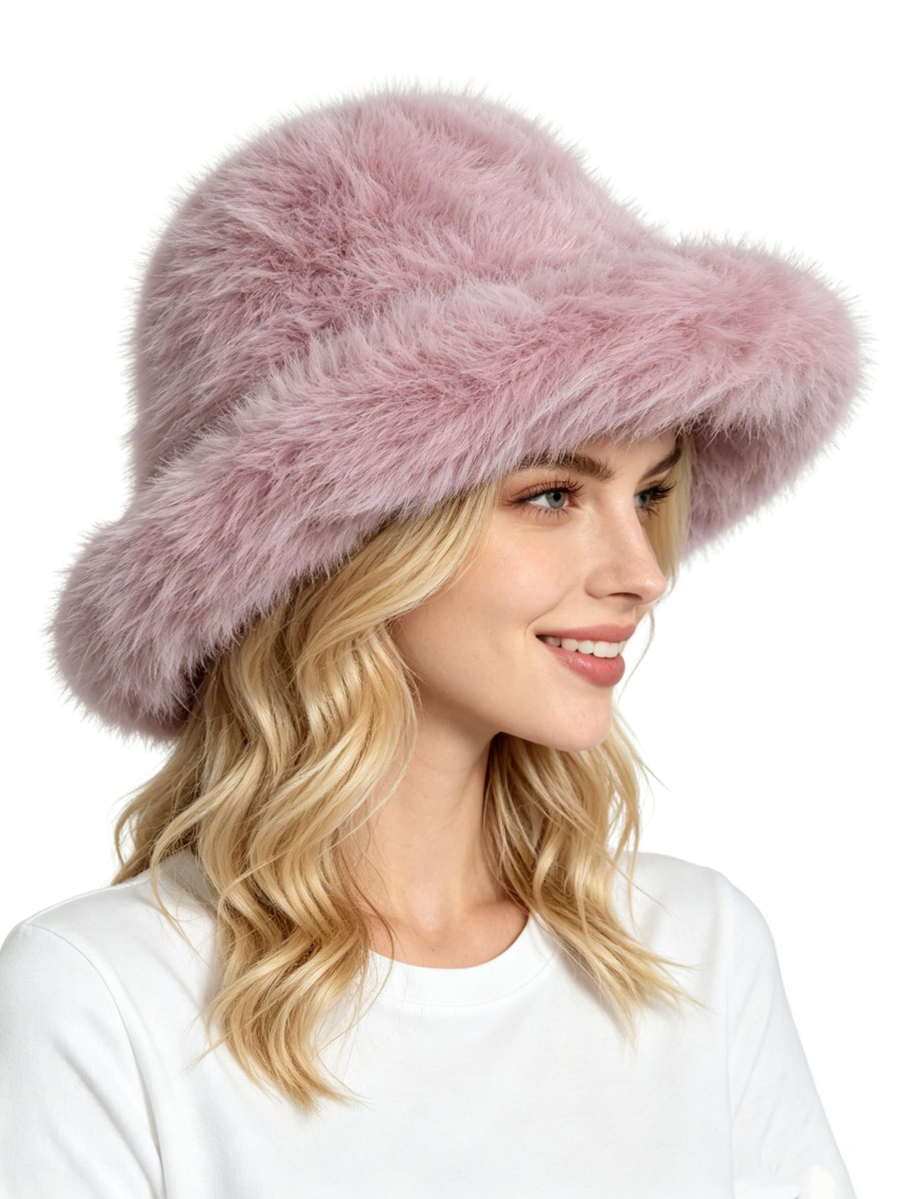 Lina & Lily Grand Chapeau Bob Hiver Femme à Larges Bords en Fausse Fourrure Poils Longs