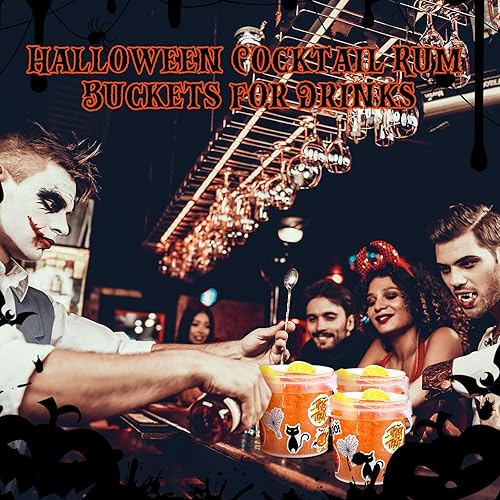 Miniatura 6 de Sliner 20 cubos pequeños para dulces de Halloween de 34 onzas, 100 calcomanías de terror, cubetas de ron de cóctel con tapa y asa para Halloween,