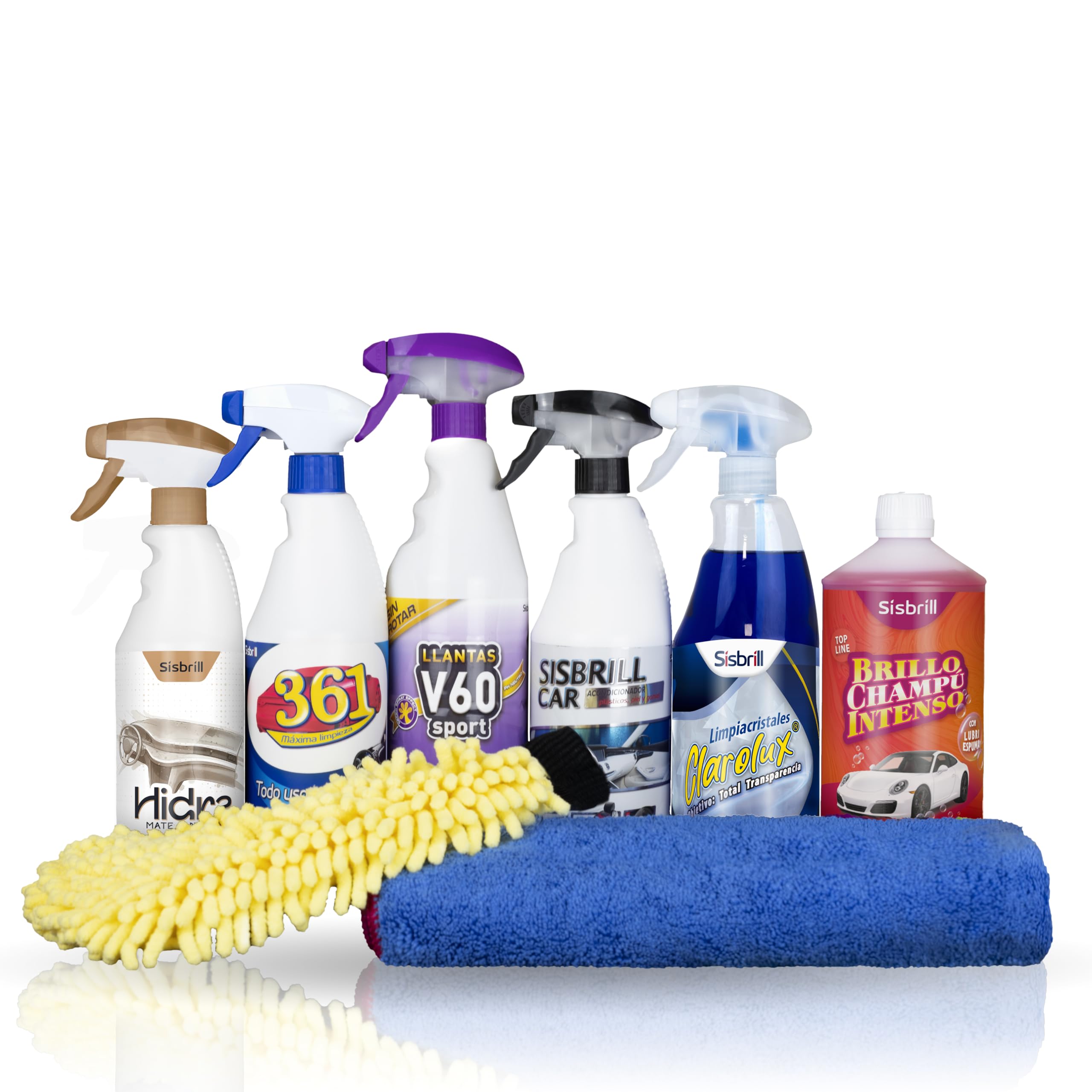 Sisbrill Kit Detail Intermedio – Kit Limpieza Coche Completo con Champú, Limpiallantas, Limpiador Interior, Limpiacristales, Guante de Lavado y Toalla de Secado