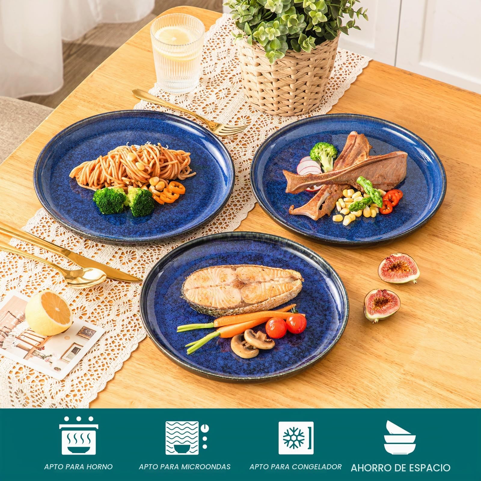 vancasso STARRY Set de 6 Platos Llanos, Platos de Ensalada de 26 cm, Platos de Desayuno de Gres, Juego de Platos de Cena para Cocina, Apto para Lavavajillas y Microondas, Esmalte Reactivo Azul