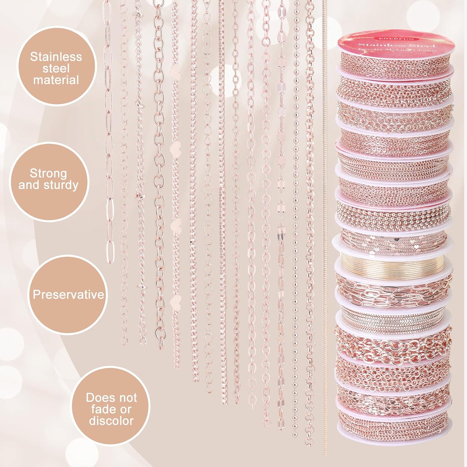 ENERFUN Rose Gold Necklace Chains for Jewelry Making, 112 Feet 15 Rolls Chains Bulk for DIY Necklace Bracelet Making Accessories with Jump Rings Lobster Clasps Connectors