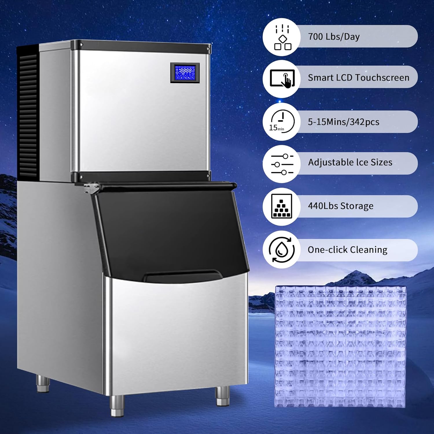 Commercial Ice Maker Machine 700 Lbs/24H, 1420W Stainless Steel Ice Maker, 440 Lbs Storage Bin, Ice Ready in 8-15 min, Commercial Ice Machine for Bar/Cafe/Restaurant/Business