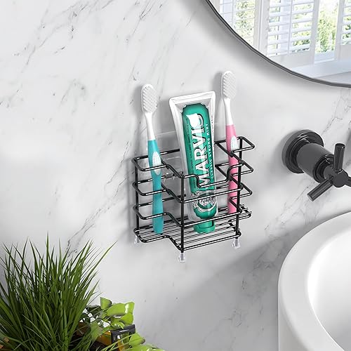 Miniatura 7 de HBlife Soporte pequeño para cepillos de dientes montado en la pared para baño, 3 ranuras de acero inoxidable negro, accesorios de baño, organizador