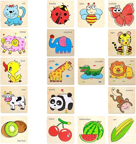 Paquete de 18 rompecabezas de madera para niños de 2 años en adelante, juguetes Montessori, juguetes educativos y de aprendizaje para niños de 1 a 2