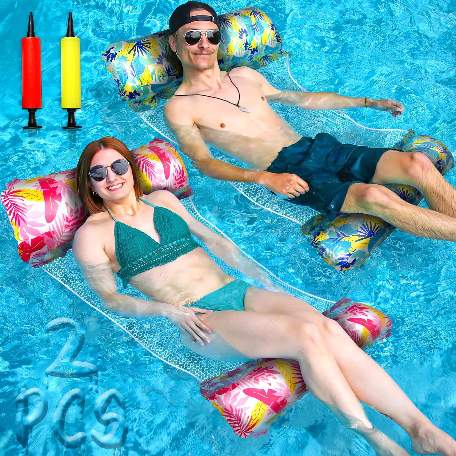 ZPQAODI Colchoneta Piscina Adultos, 2PCS Hamaca Inflable, 4 en 1 Hamaca Inflable Piscina con 2 Bomba de Aire, Multi-Propósito Tumbona Piscina Flotador de Agua Portátil para Piscina, Playa