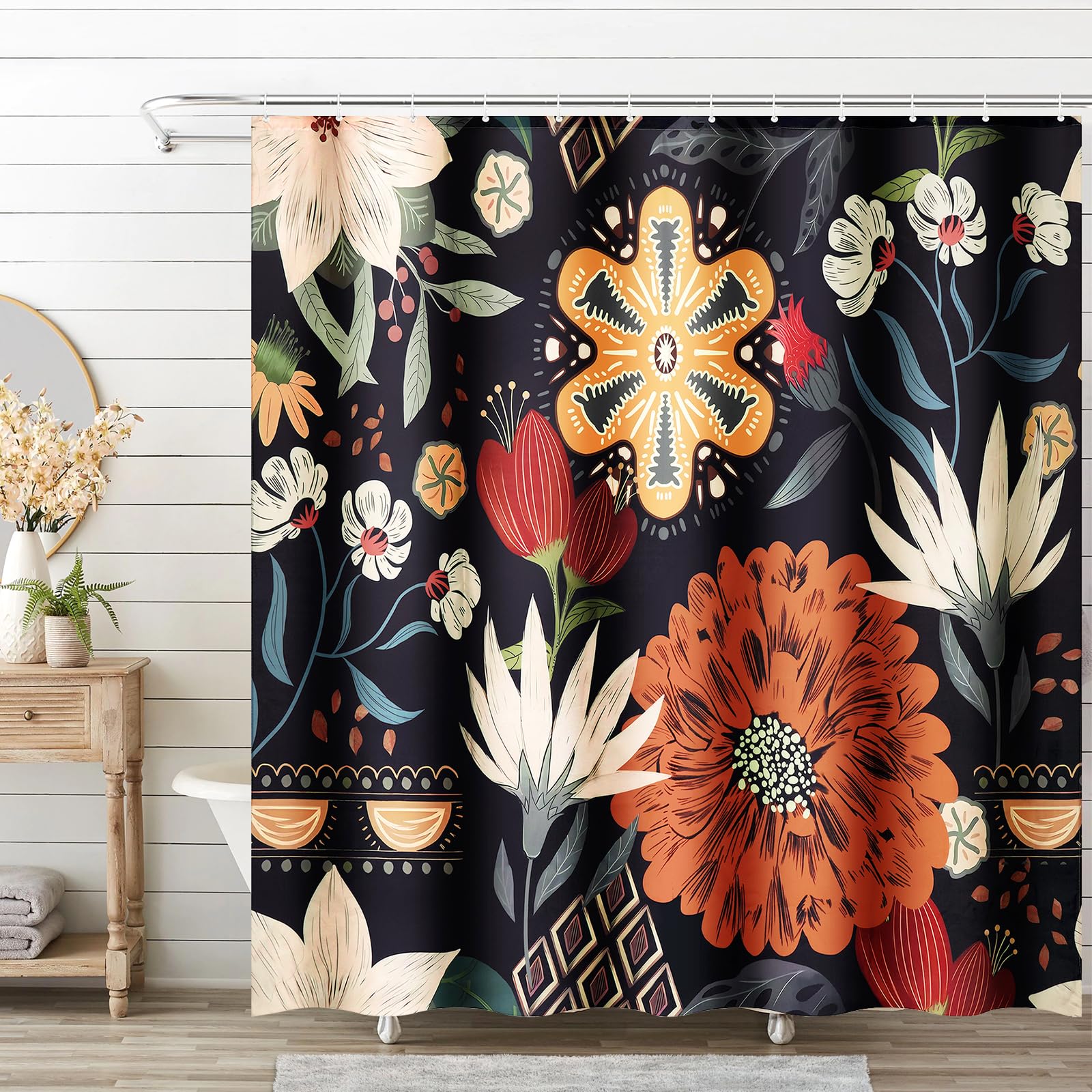 Boho Floral Shower Curtain for Bathroom, Abstract Vintage Colorful Bohemian Flowers Tropical Leaves Waterproo Fabric Shower Curtains, Mid Century Modern Bath Curtain with 12 Hooks, 71" Wx71" L