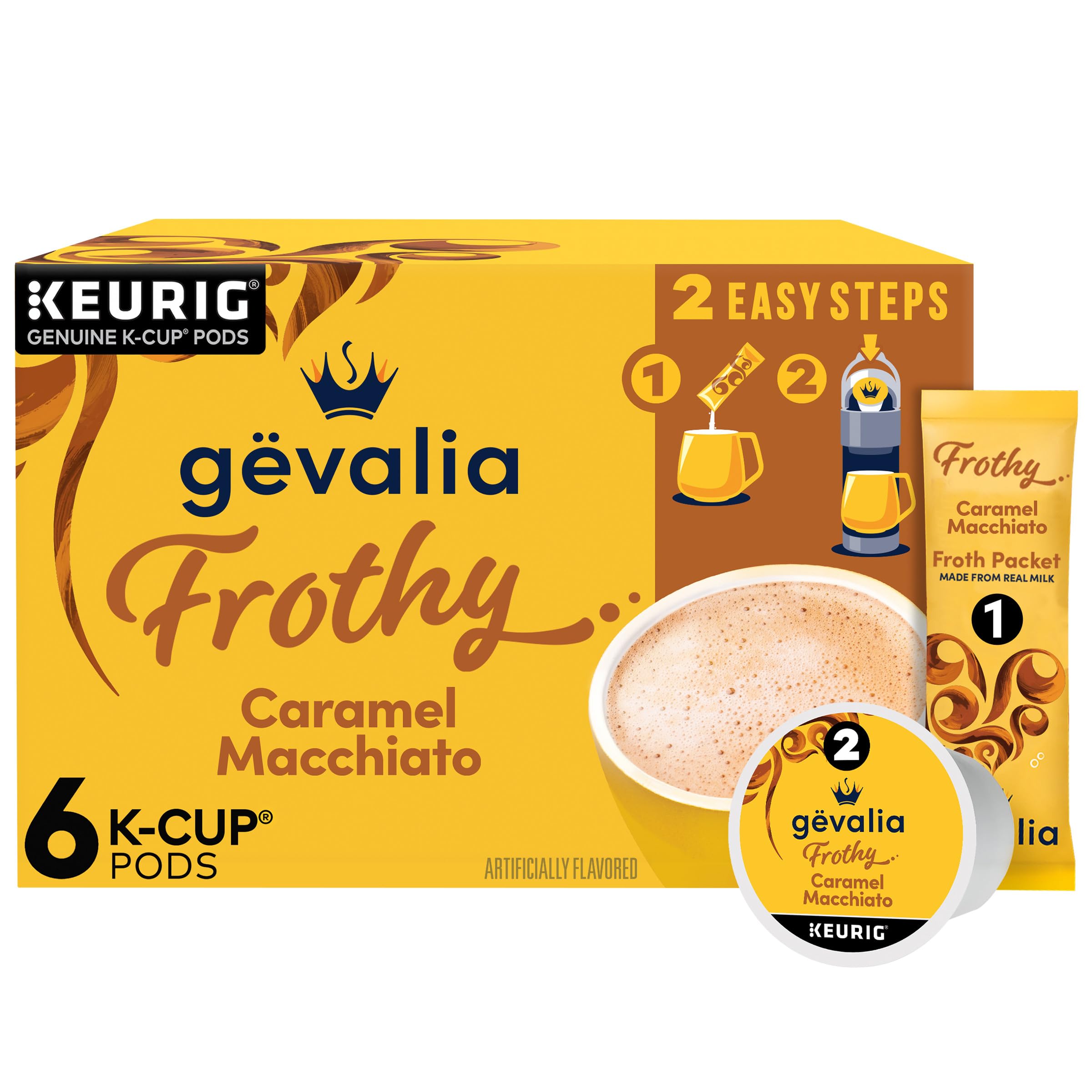 Frothy 2-Step Artificially Flavored Caramel Macchiato Espresso Style K-Cup Coffee Pods & Froth Packets Kit, 6 ct Box
