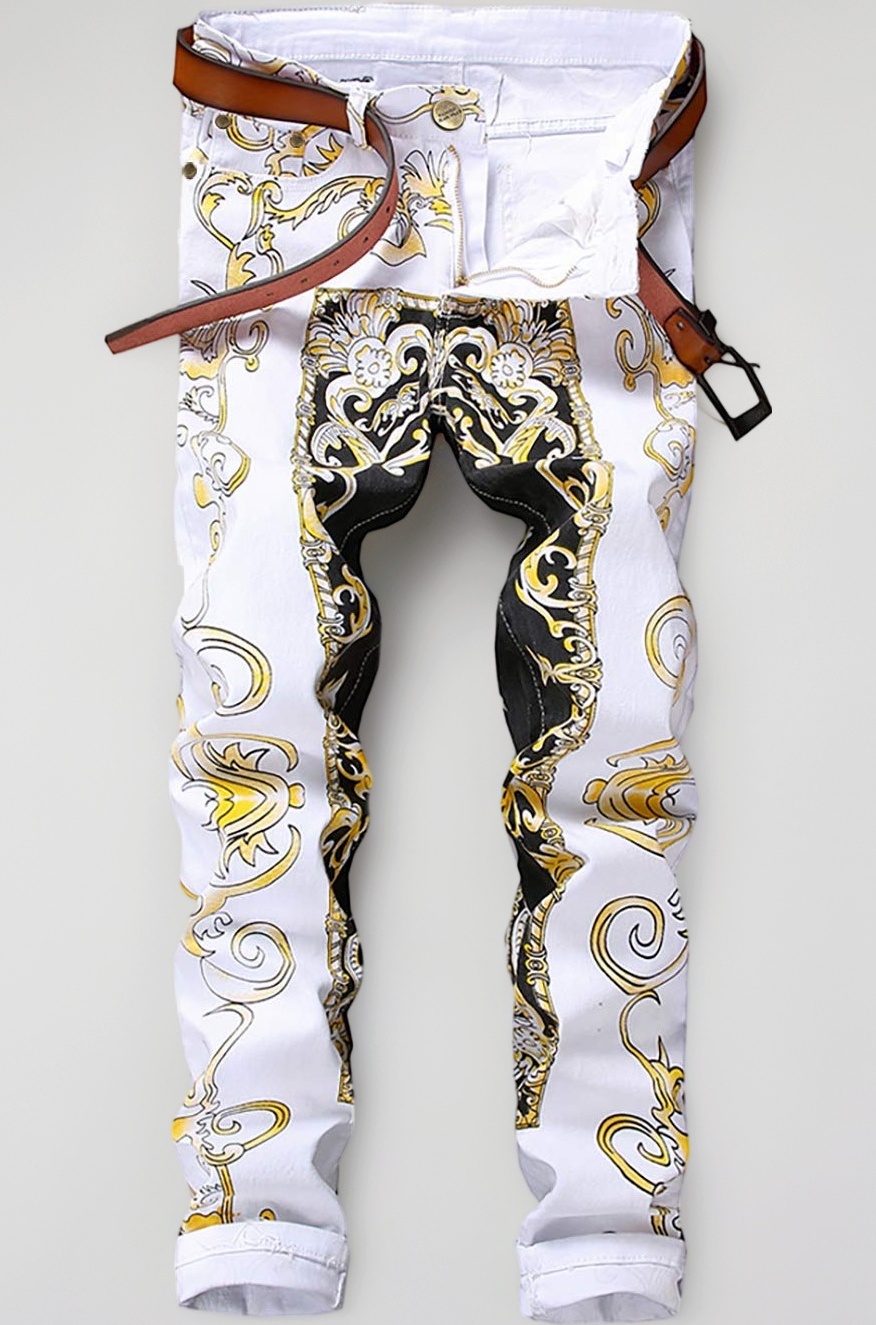 Men's Casual Printed Jeans Skinny Denim Pants (38, 156 Yellow)