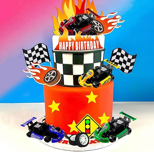 Miniatura 6 de Decoración para tartas de coche de carreras, bandera de rueda, decoración de tartas, juguetes de carreras para hombres, niños, fiesta de cumpleaños,