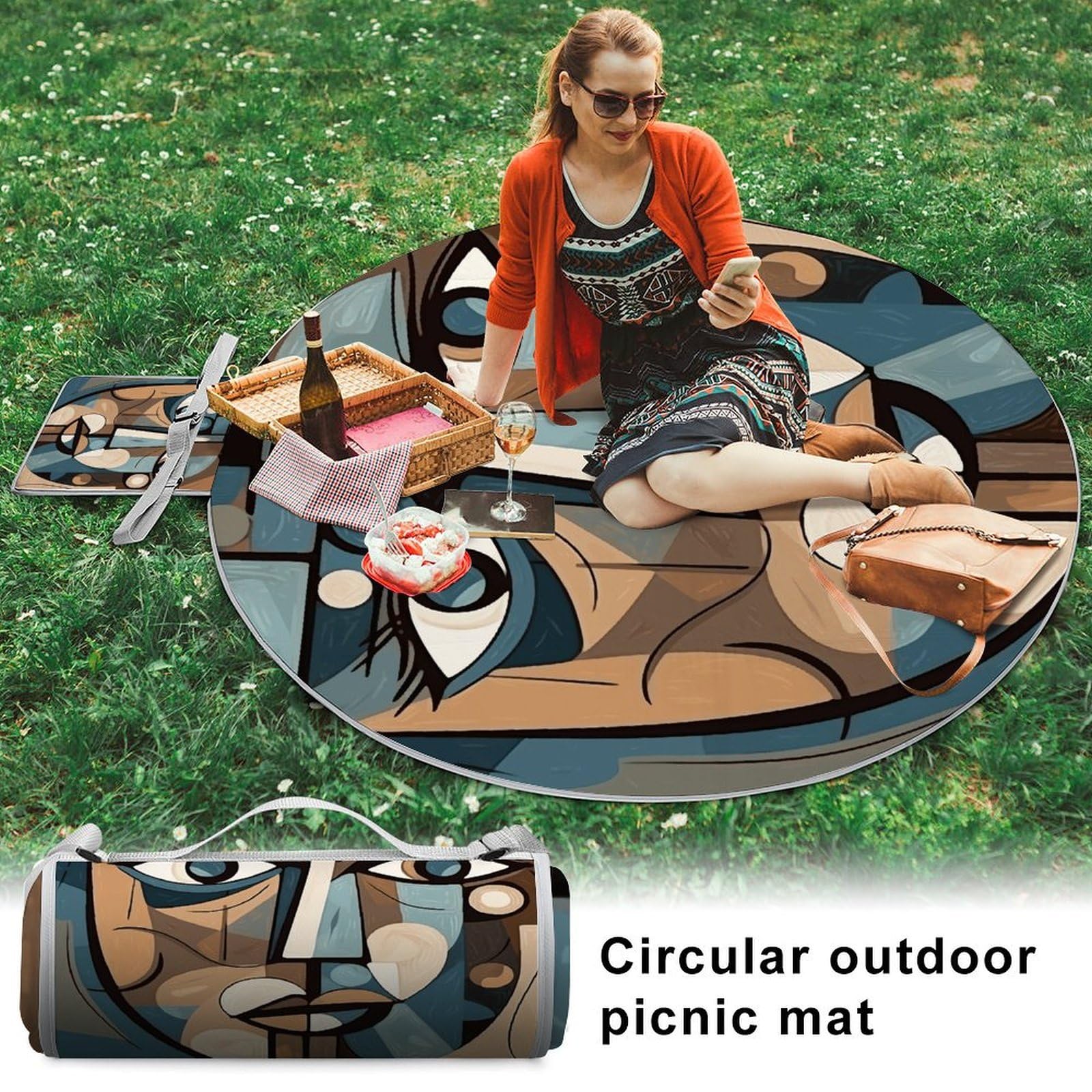 Smiling Woman - Mantas redondas plegables y ligeras, para playa, impermeables, para exteriores, para primavera, verano, camping, parque, viajes, hierba