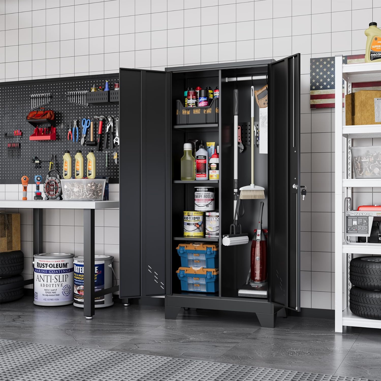 61" H Garage Cabinets, Metal Storage Cabinet with Lockable Doors and Pegboard, Utility Closet for Brooms and Mops, Tool Cabinets for Home Office Laundry Room Living Room