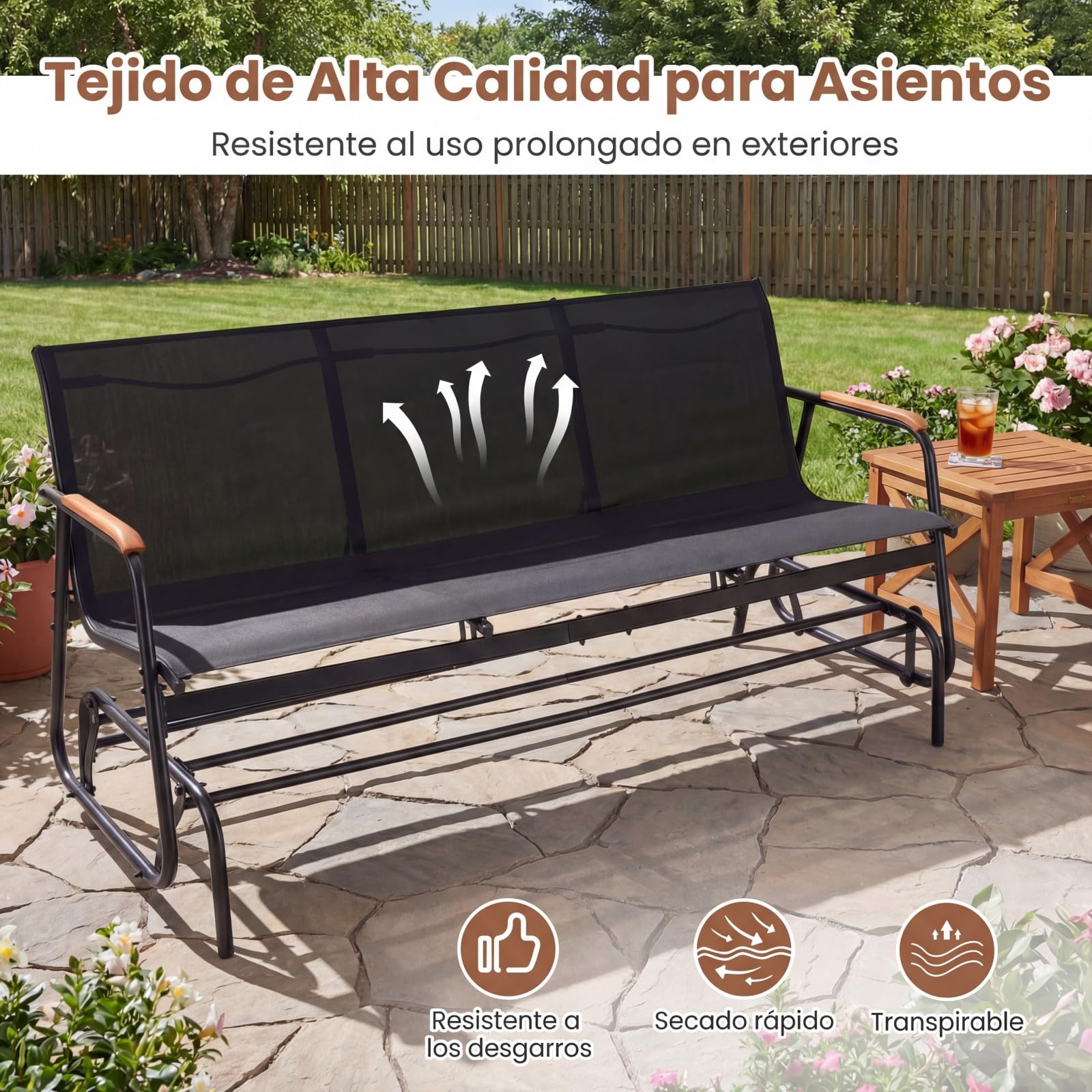 COSTWAY Banco Balancin de 2/3 Plazas, Banco Deslizante con Asiento Largo y Reposabrazos Curvos de Teca, Tela Transpirable, Jardin Terraza Exterior, Carga 300/450kg (Negro,74 x 169 x 84 cm)