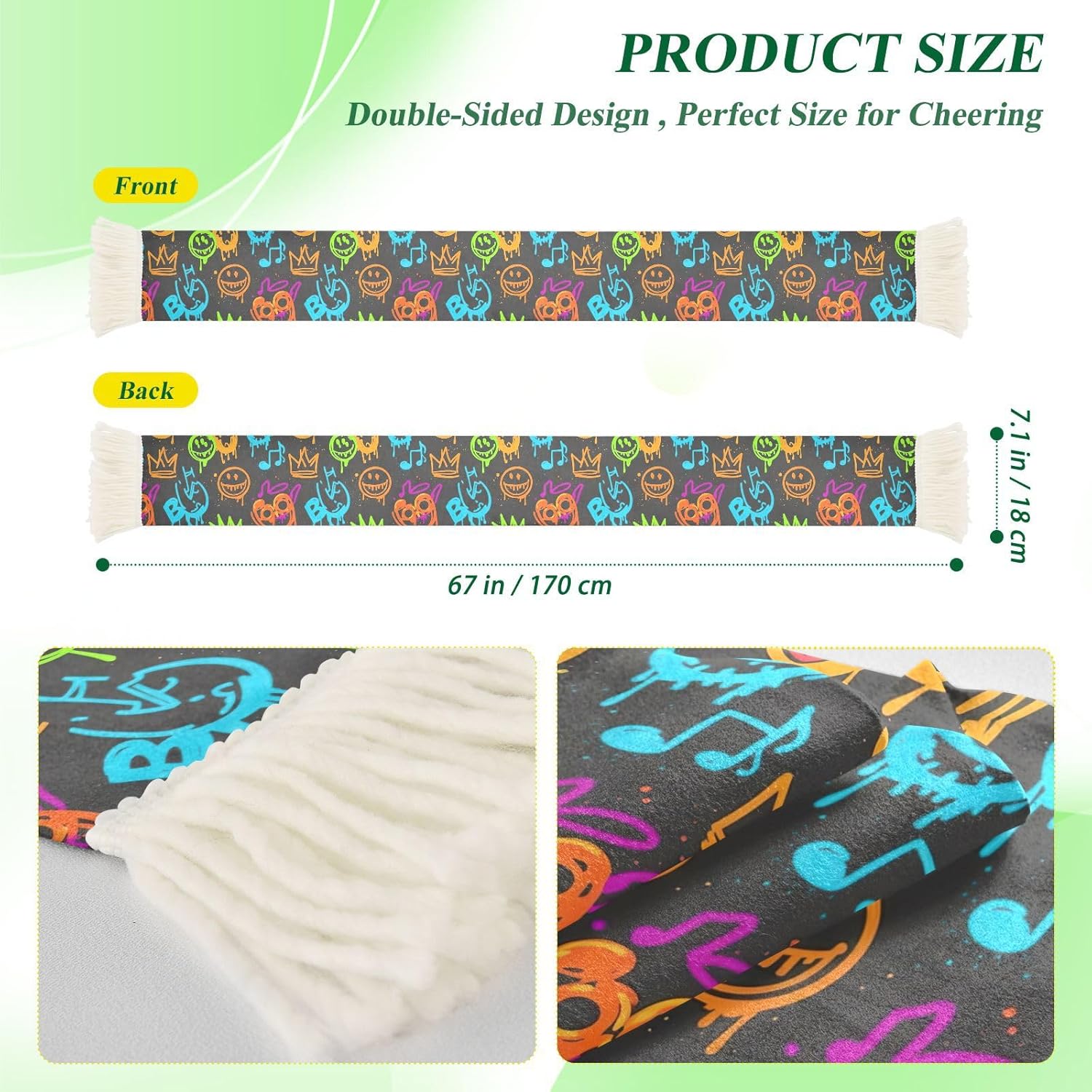 CHIFIGNO Colorful Cartoon Neon Sports Fan Scarf Towel, Soft Polyester Sweat Absorbent Cheering Wrap for Soccer Games, Quick Dry