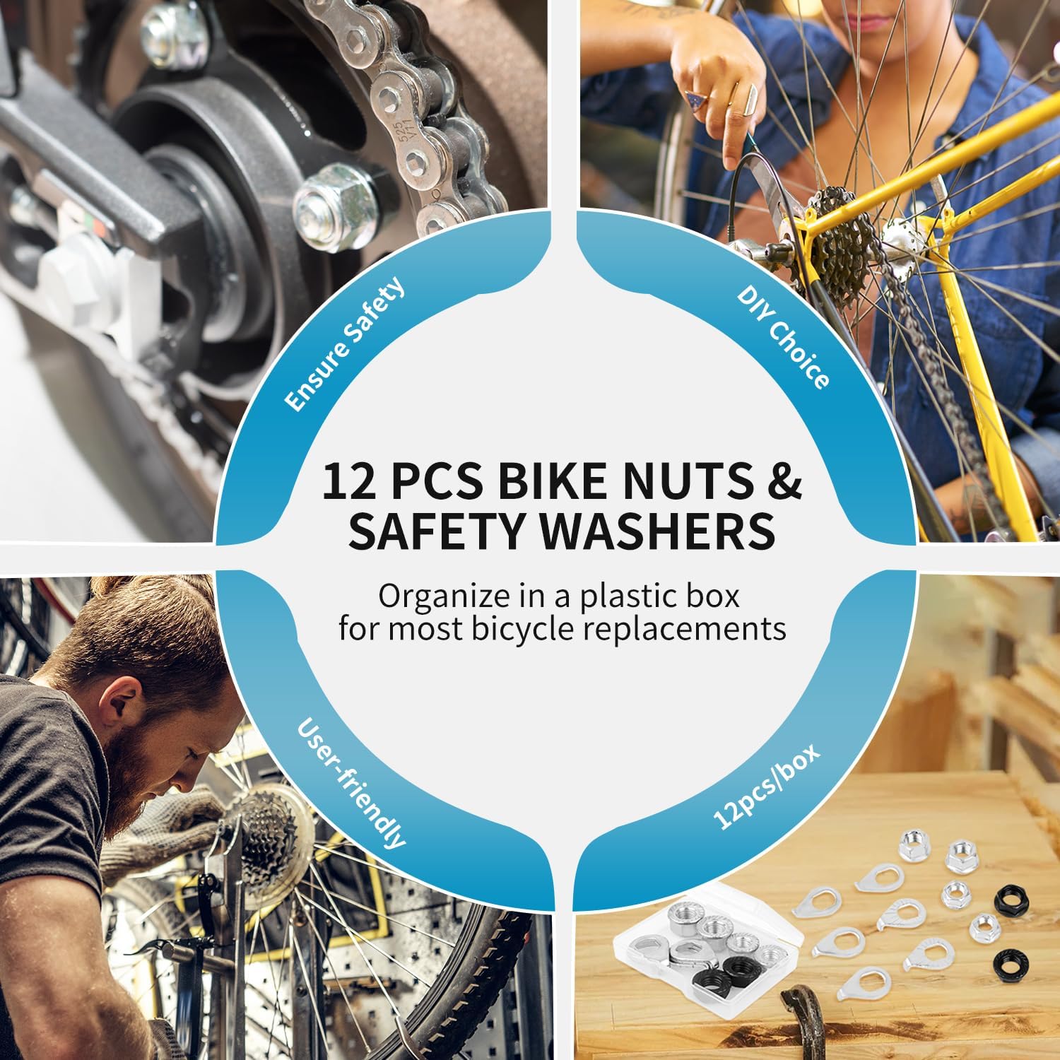 12PCS Bicycle Axle Nuts and Safety Washers, 3 Size M8 M9.5 M10 Bike Wheel Nuts Kit, Black Silver Bike Axle Nuts Washers for Front Rear Mountain Road Kid City Bike Wheel thumbnail