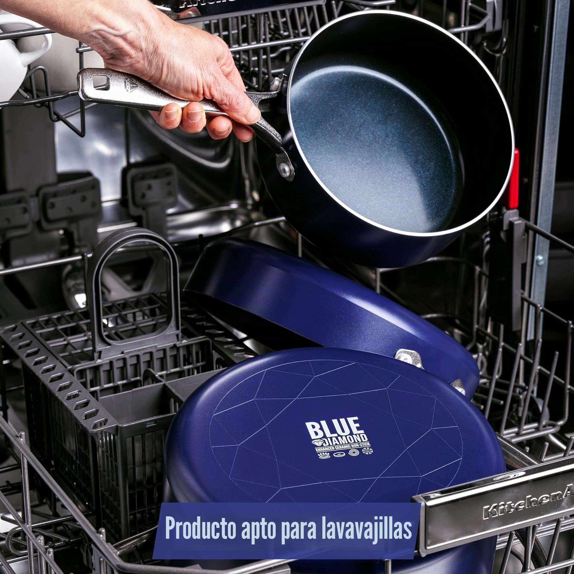 Blue Diamond Cookware Batería de Cocina Antiadherente de Ceramica Infuso de Diamantes, 7 piezas, Incluye Sartén, Cacerola, Aluminio, Sin PFAS, Inducción, Horno y Lavavajillas, Azul