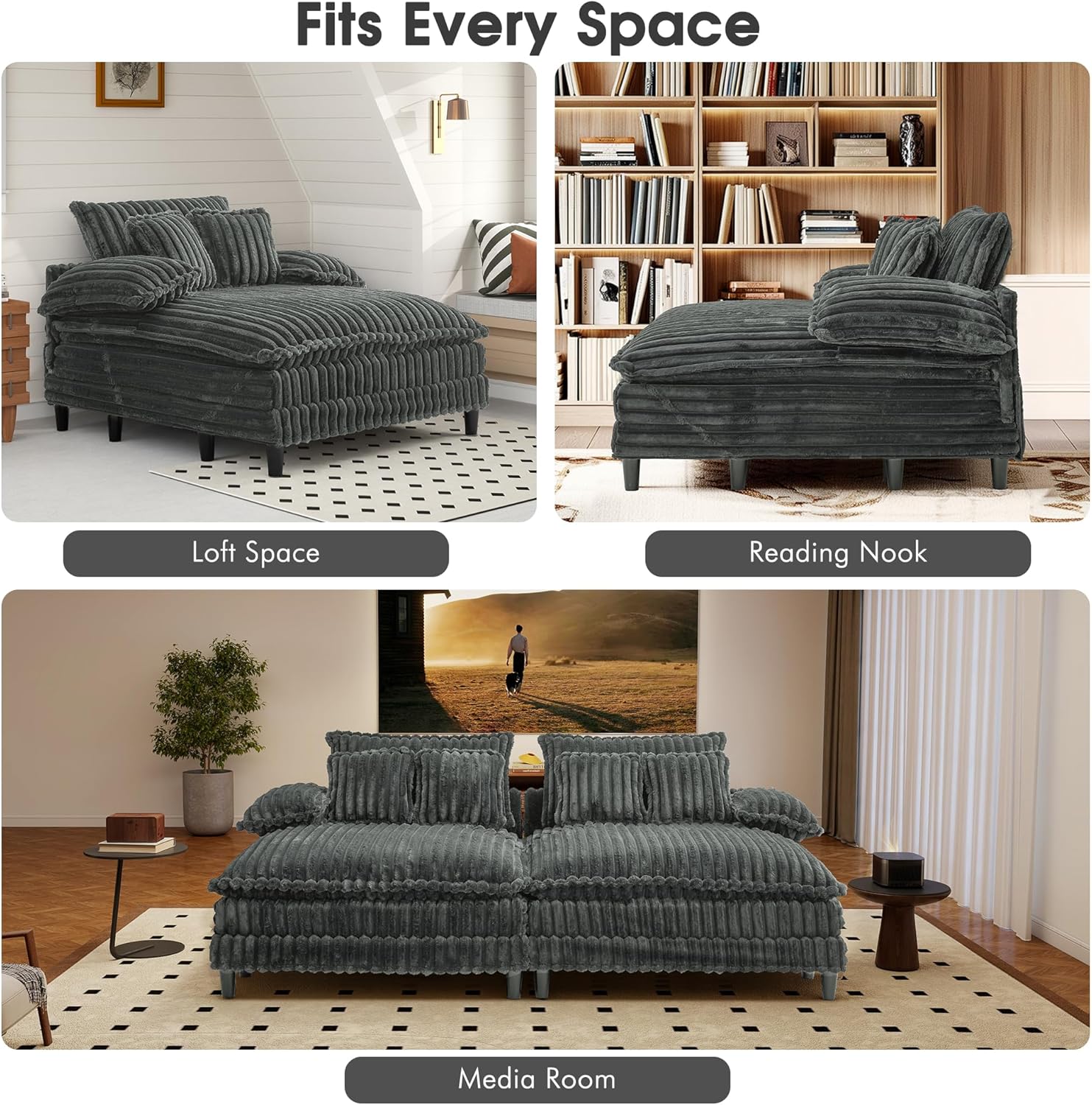 WESTSETLUX 54.8" W Oversized Chaise Lounge Chair Indoor with 5-Position Adjustable Backrest, Plush Sleeper Sofa Bed with Pillows, Upholstered Cloud Couch Chair for Living Room, Study Room, Dark Grey