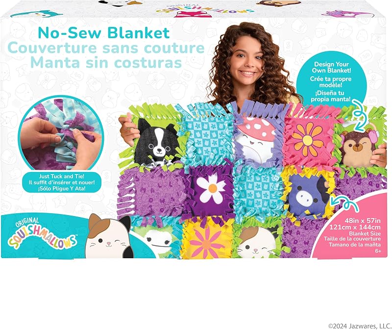 Fashion Angels Squishmallows No-Sew Blanket Kit, Set Includes Assorted Polar Fleece Squares, Ideal Craft Activity for Girls & Boys