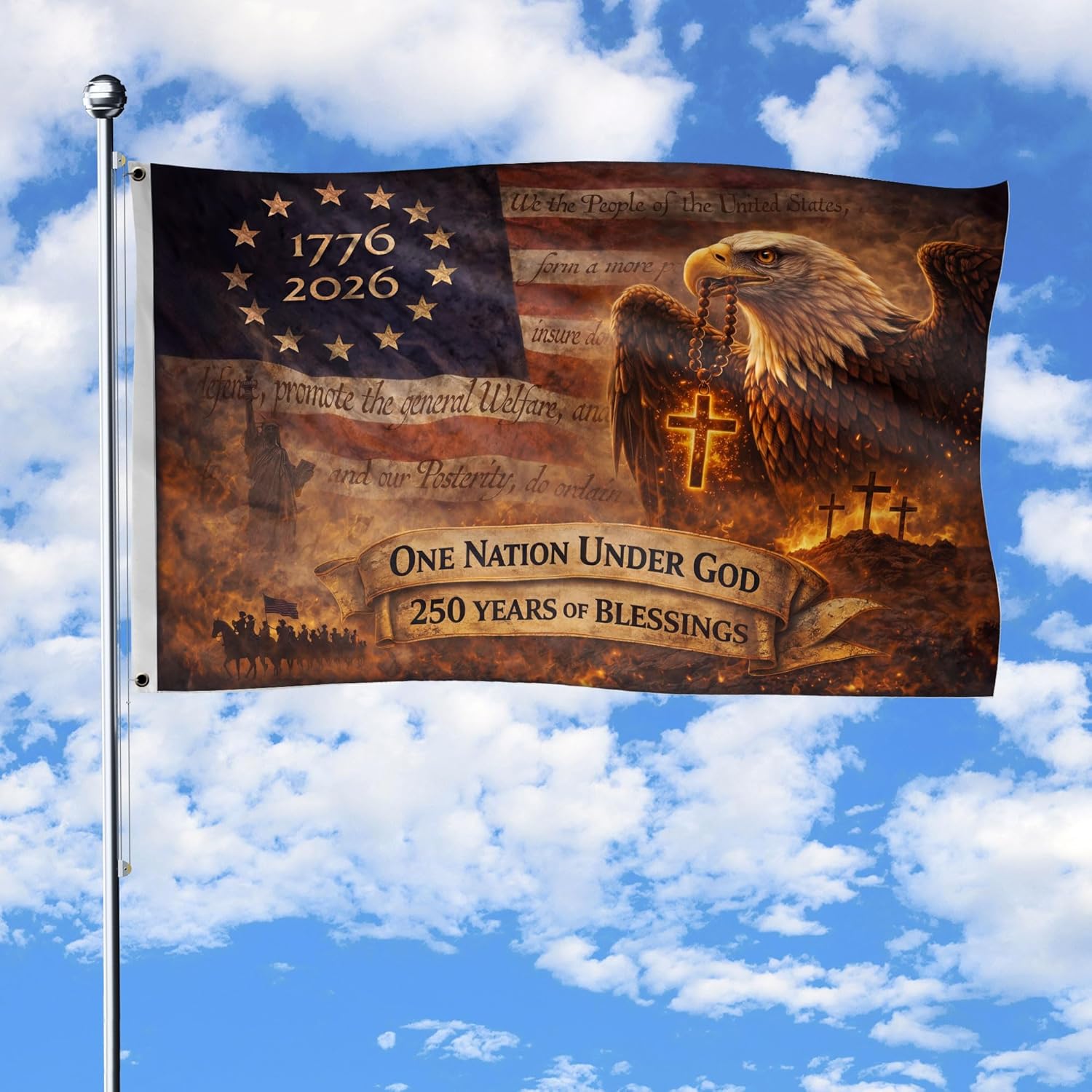 One Nation Under God Flag With Brass Grommets, 1776-2026 Commemorative Banner, Christian Patriot American Flags, 250 Years Of Blessings Flag 3x5 Ft, Patriotic Cross Design Decor House, Double-sided Printing 3