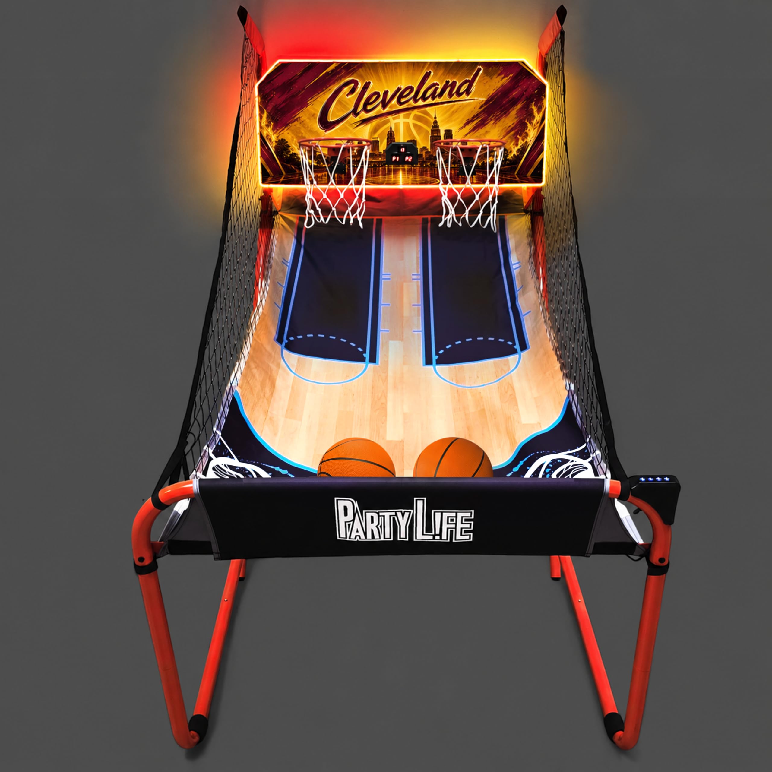 PartyLife 2-Player Basketball Arcade Game w/LED Lights | Electronic Scoring | 5 Balls, 1 Pump, 8 Games | Folding Design | Heavy-Duty Steel Frame