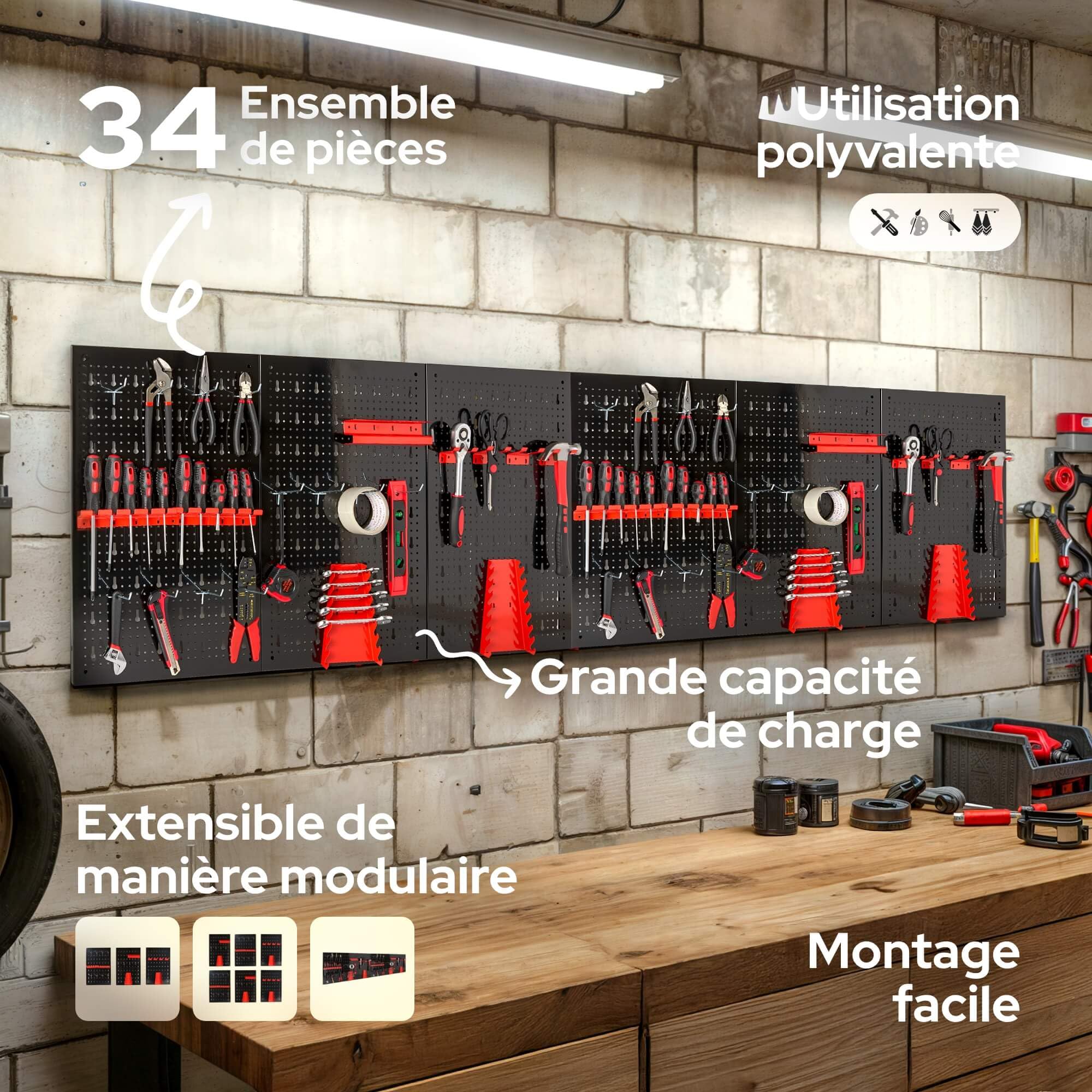 AREBOS Panneau à Outils Mural 6 Pièces | Kit avec 34 Crochets et Supports | 235,2 x 59,5 cm | Mur à Outils en Métal pour Atelier | Matériel de Montage Inclus | Rouge