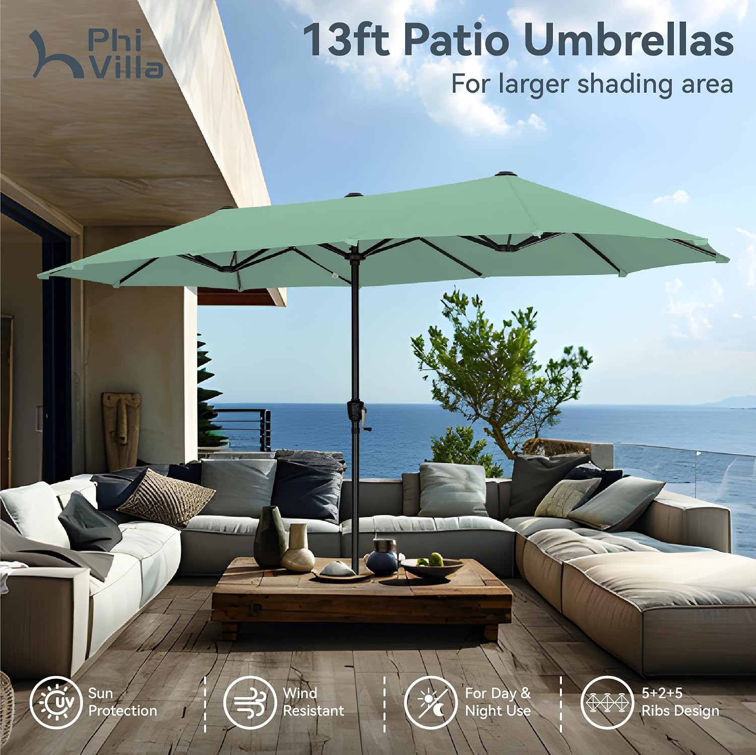 PHI VILLA 13ft Large Patio Umbrellas, Double-Sided Outdoor Market Rectangle Umbrella for Outside, Mint Green