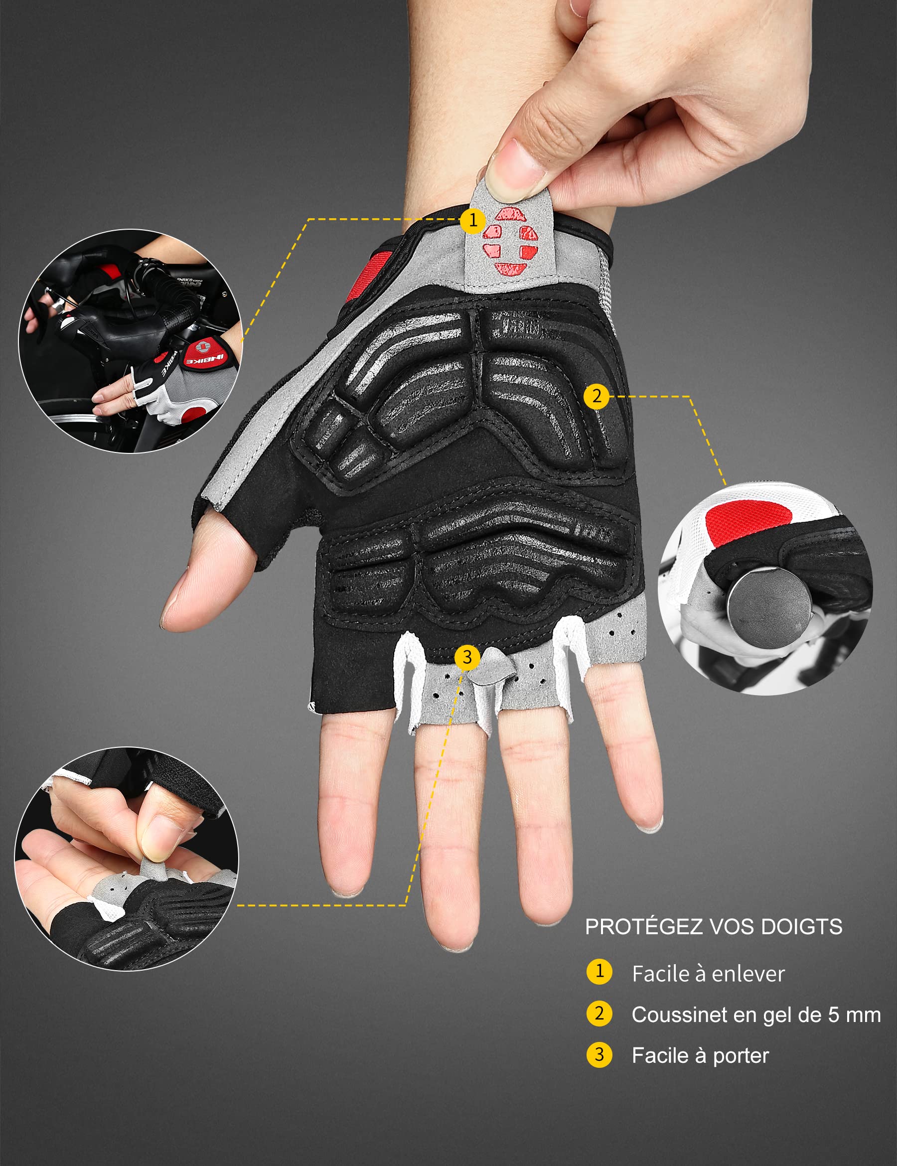 INBIKE Gants Cyclisme Demi-Doigts VTT 5mm Gel Rembourrés Anti-Choc Respirant Été