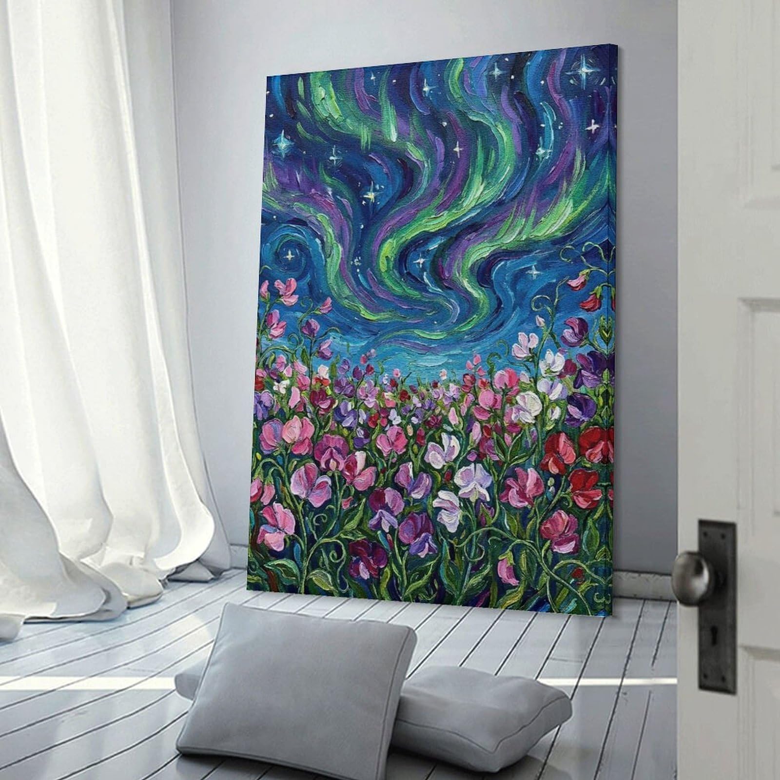 Junmoney Floral Field Under Aurora Borealis Painting Hanging Wall Art 20x30inch(50x75cm), for Front Hall, Corridor Or Welcome Spaces, Wall Decor to Refresh Empty Corners