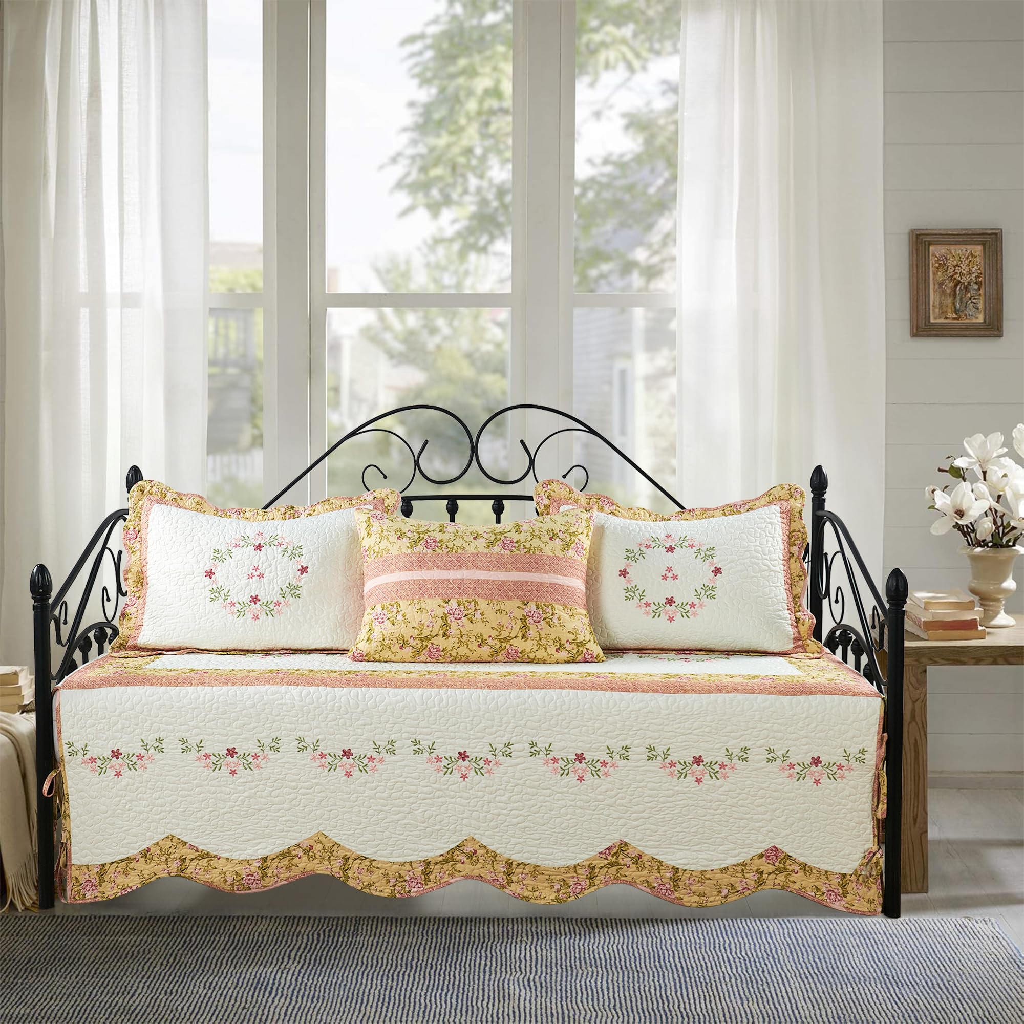 4-Piece Quilted Microfiber Daybed Cover Set with Floral Embroidery, All Season Luxurious Bedding with Matching Shams, 75"x39", Multi Small Floral