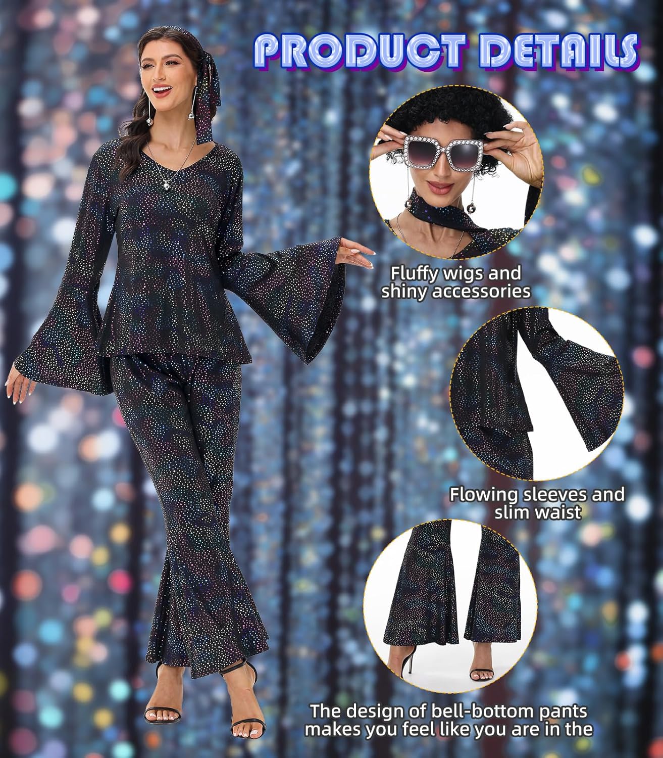 70s Disco Costume for Women - 1970s Disco Outfit with Wig, Earrings, glasses, Necklace, Headband, Sequin Top & Bell Bottoms - Image 5