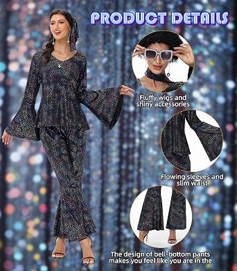 70s Disco Costume for Women - 1970s Disco Outfit with Wig, Earrings, glasses, Necklace, Headband, Sequin Top & Bell Bottoms