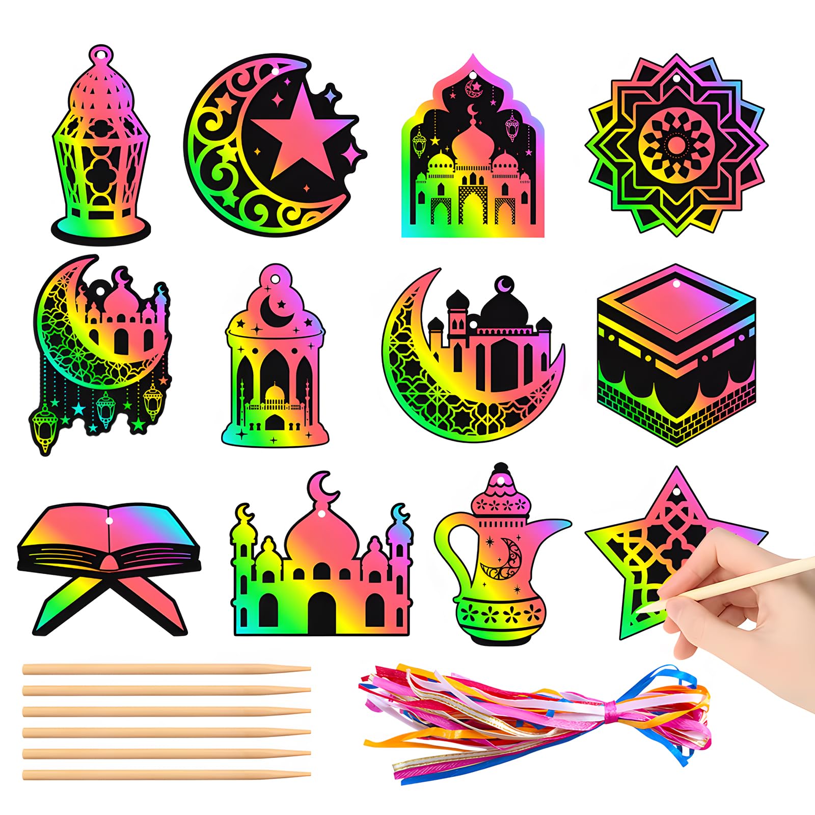 24 PCS Eid Mubarak Scratch Art Set, Eid Mubarak Scratch Cards, Ramadan Scratch Art for Kids, Ramadan Rainbow Scratch Paper Art