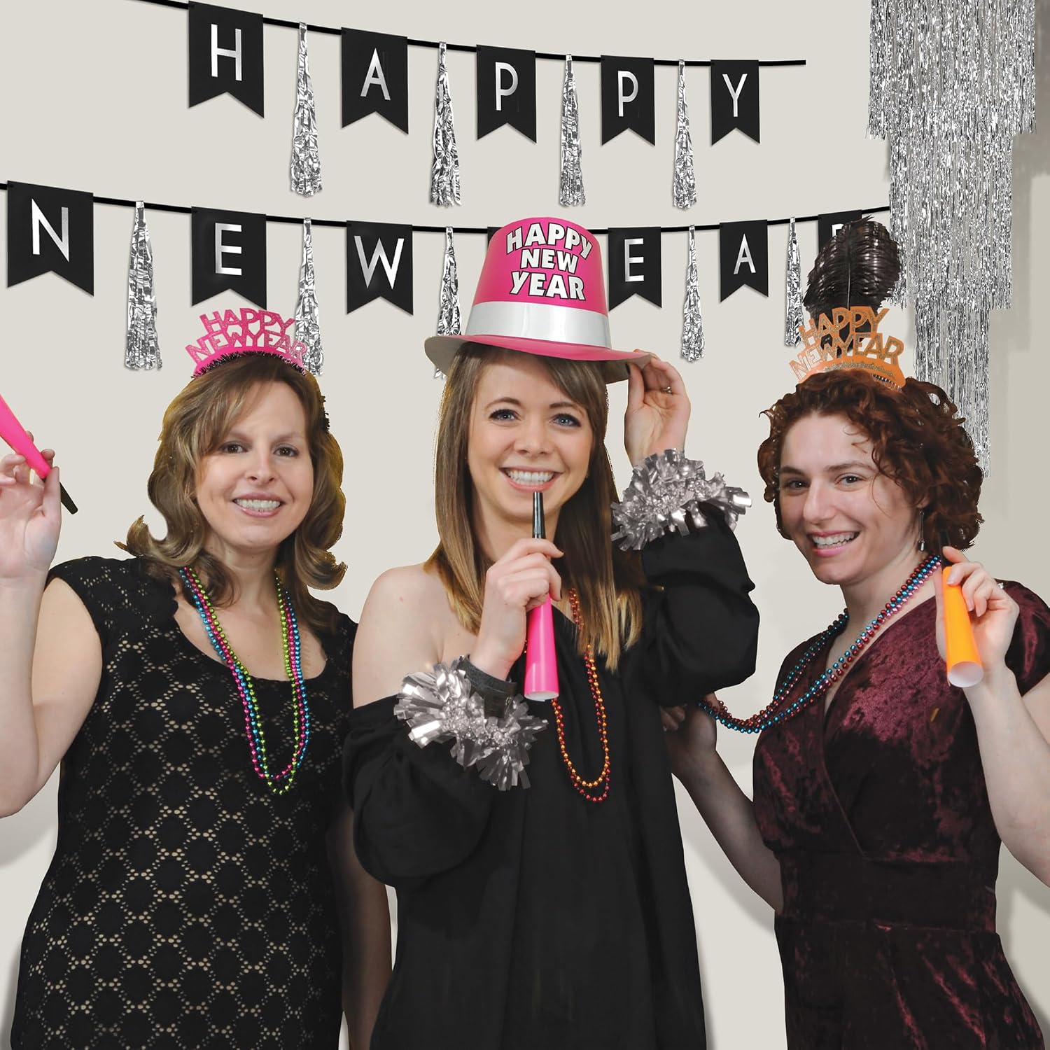 Beistle Silver New Year’s Party Decoration Bundle – 3-Tier Shimmering Foil Chandelier and “Happy New Year” Tassel Streamer Set, Elegant Hanging Décor for NYE Parties, Celebrations, Banquets & Events