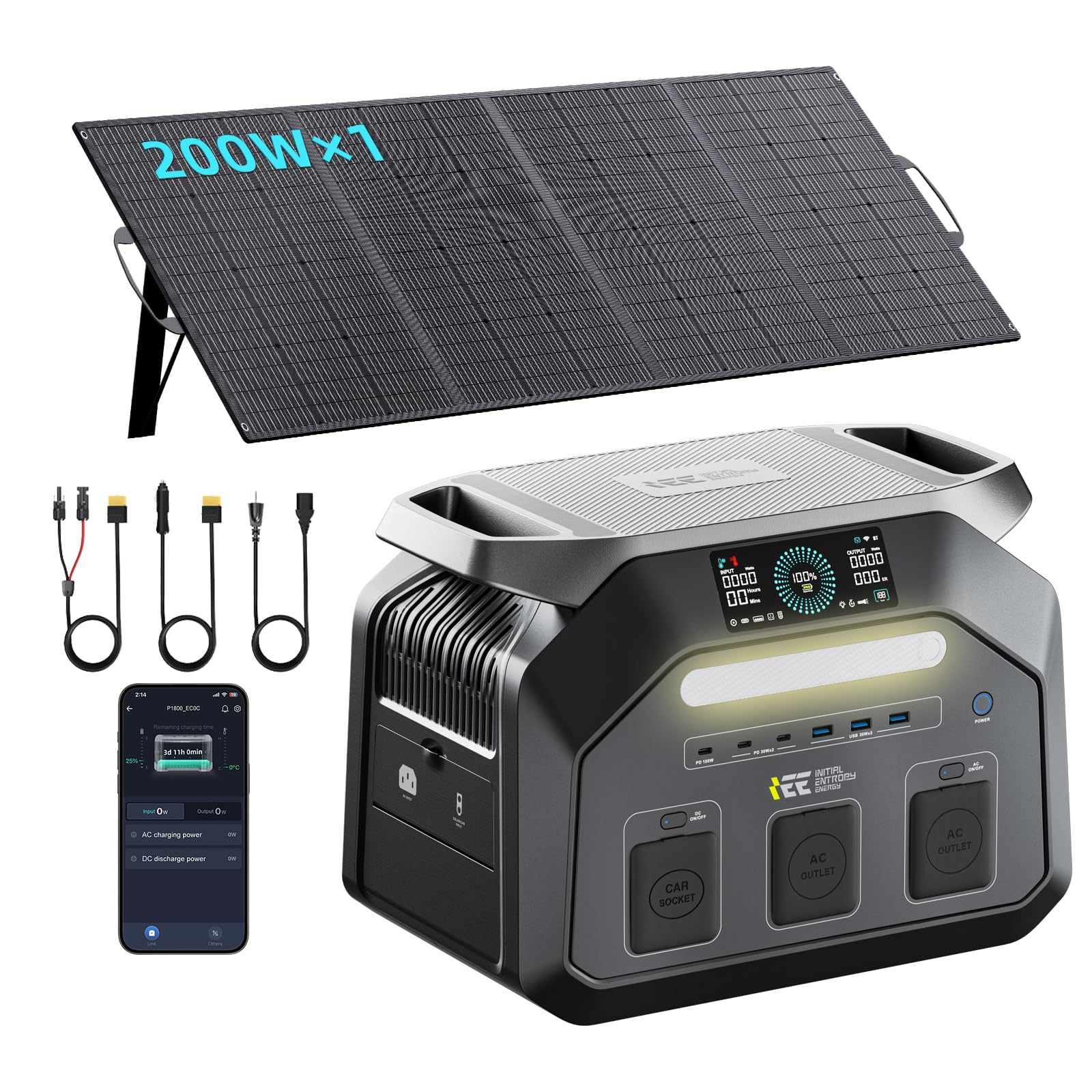 IEE 1800 W Generador solar (3600W Pico), Estación de Energía Portátil 1024 Wh con 200W Panel Carga del 0 al 80% en 45 min, 11 Puertos de salida UPS, Control por Aplicación