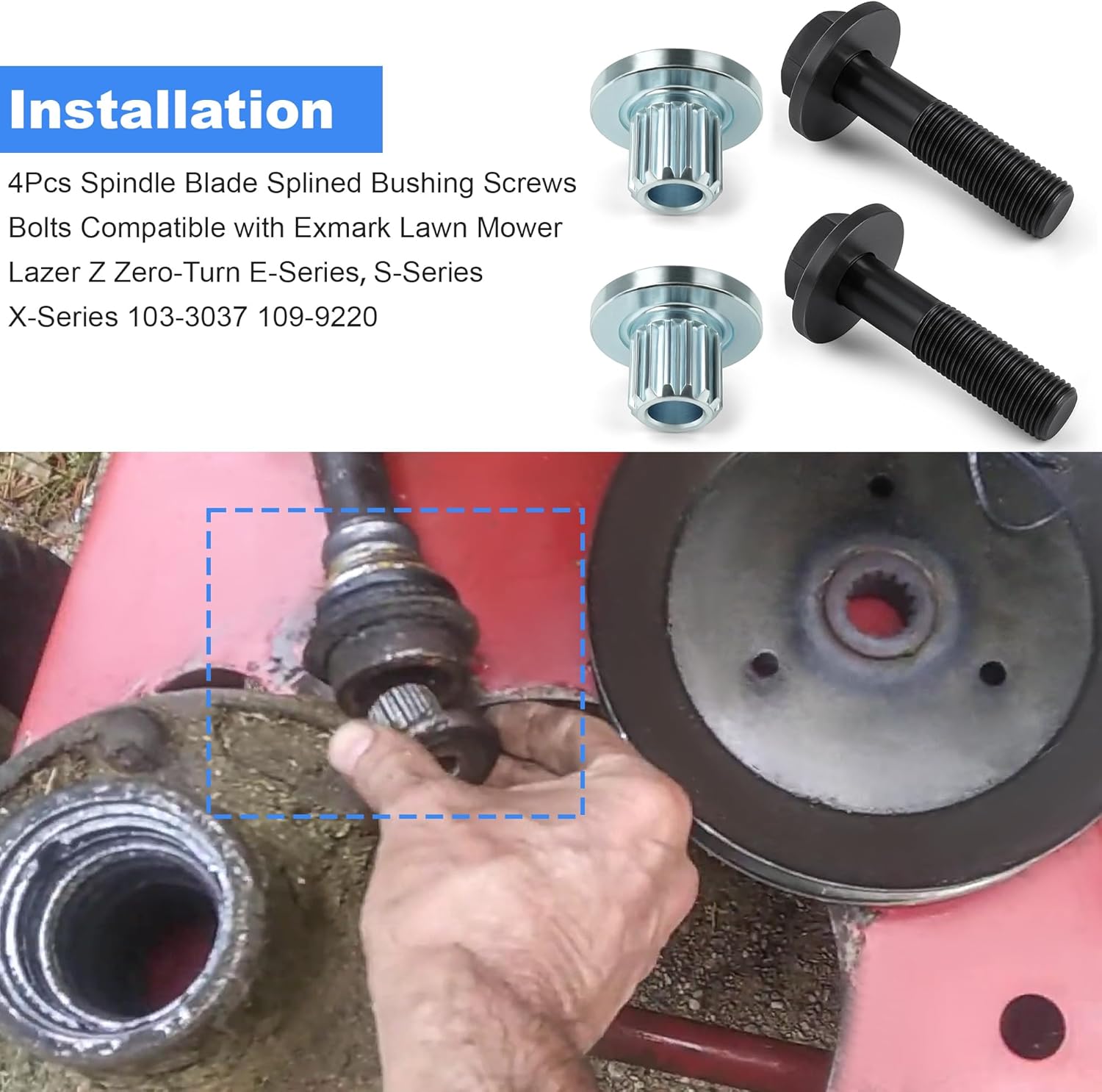 2 Set Spindle Blade Splined Bushings and Screws Bolts Kit 103-3037 109-9220 Compatible with Exmark Lawn Mower Lazer Z Zero-Turn E-Series, S-Series, X-Series
