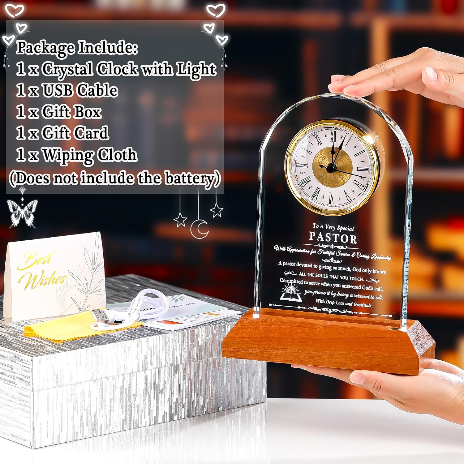 Ornalrist Pastor Appreciation Gifts for Men Women Glass Clock for Best Pastor with Wooden LED Light Base Religious Thank You Keepsake for Pastors on Christmas Retirement Birthday Home Office Decor