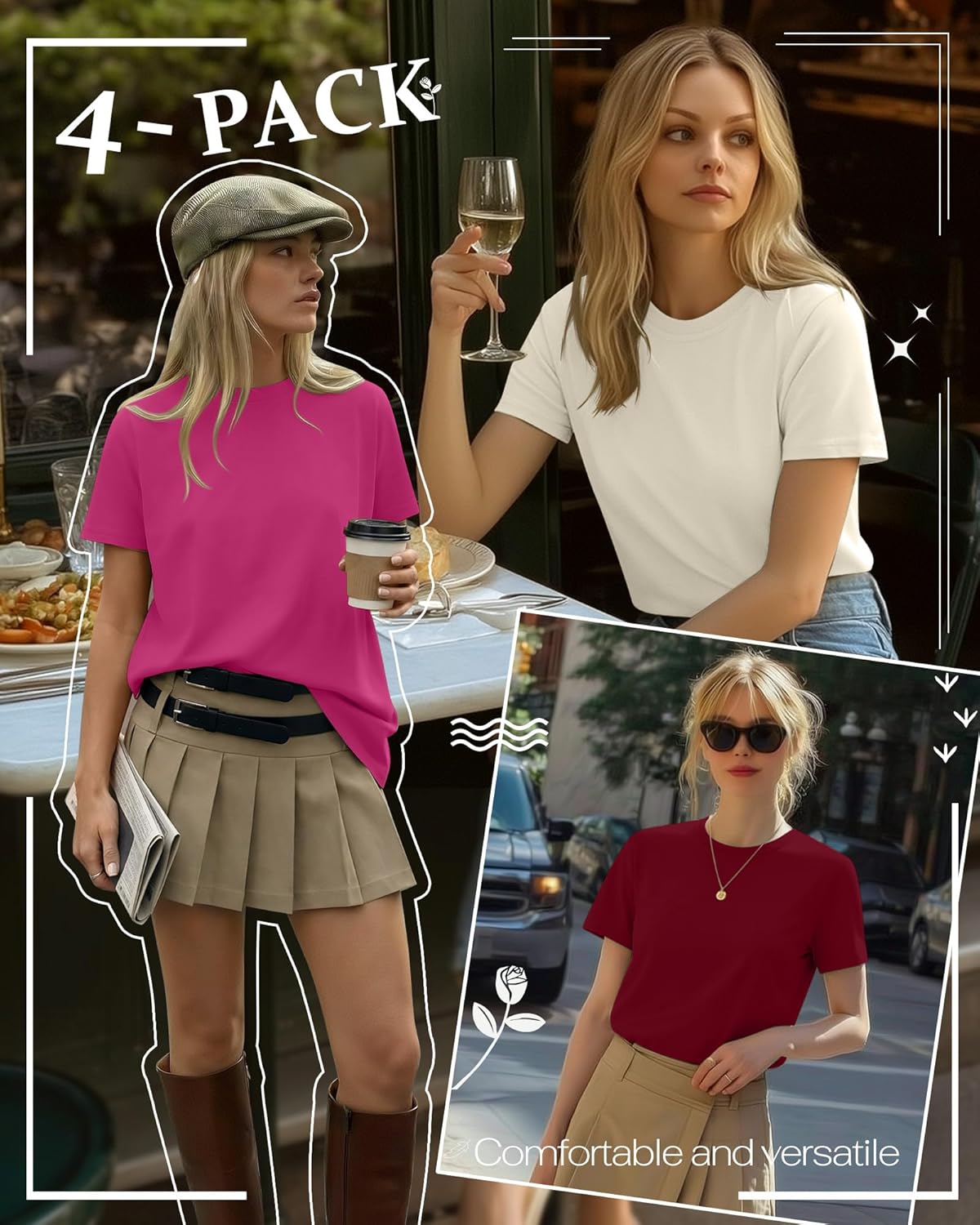 Neer 4 Pack Women's Crew Neck T Shirts Summer Short Sleeve Casual Basic Tops Loose Fit Flat Hem Tees