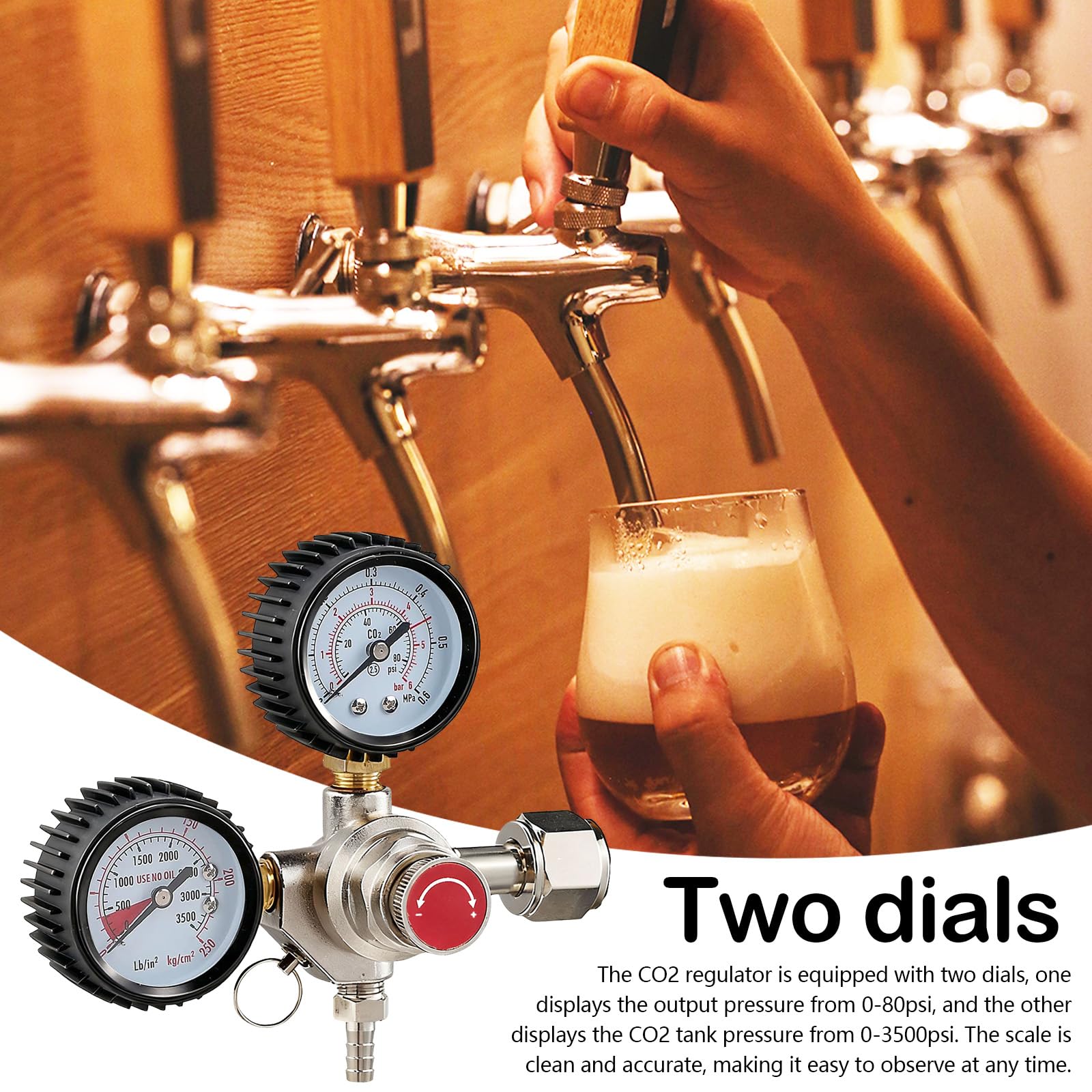 Riduttore di Pressione CO2, Sistema di Erogazione Della Birra Riduttore di Pressione con 2 Manometri Attacco W21,8 x 1/14" Regolatore di CO2 per la Produzione Della Birra Sistema di Erogazione