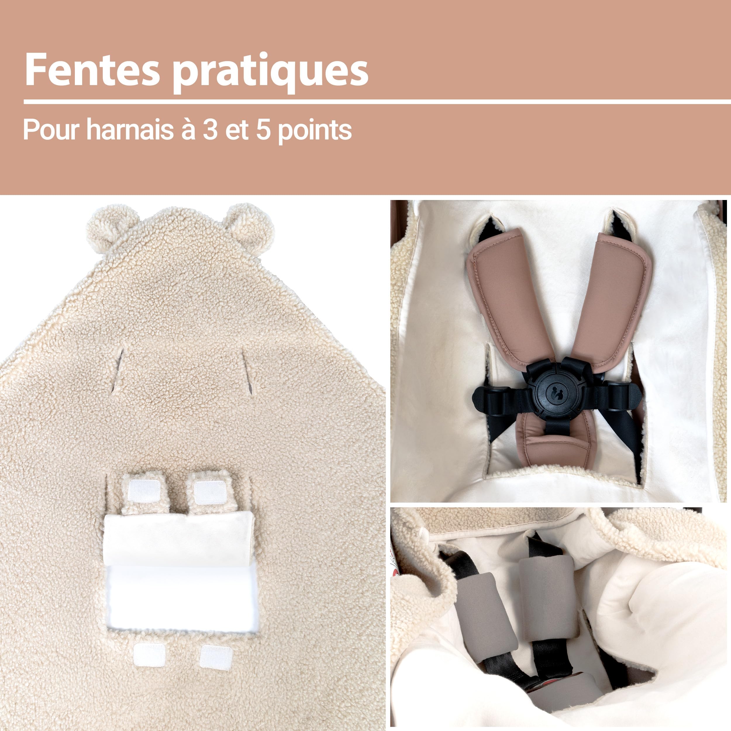 Zamboo Couverture Siege Auto Bebe en Polaire Peluche 80x80 cm – Plaid Bébé Enveloppant avec Fentes Harnais, Oeko-Tex – pour Siège-Auto, Cosy, Nacelle et Poussette – Teddy Beige
